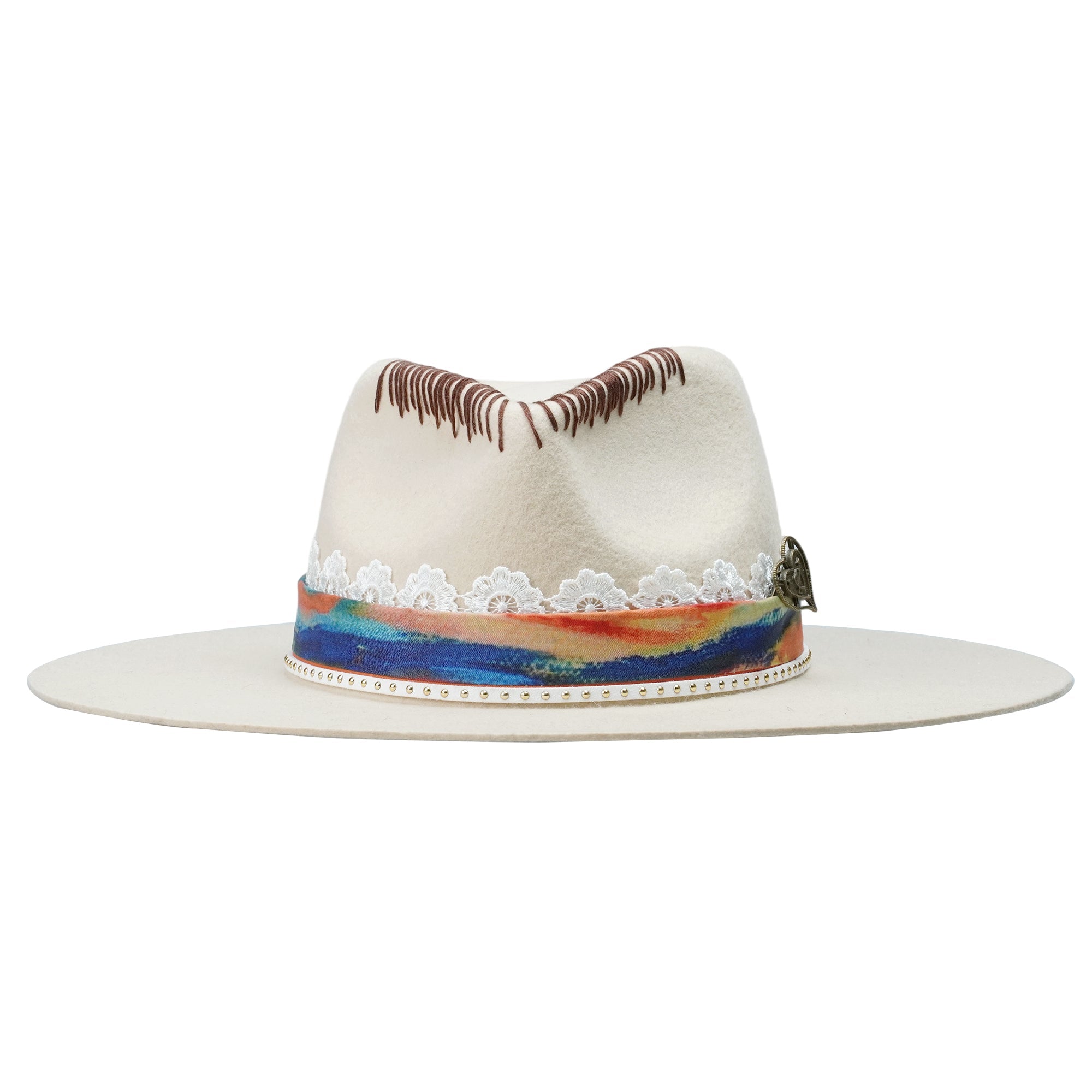 Off-White Felt Hat - Stitched Crown with Lace & Coppery Accent