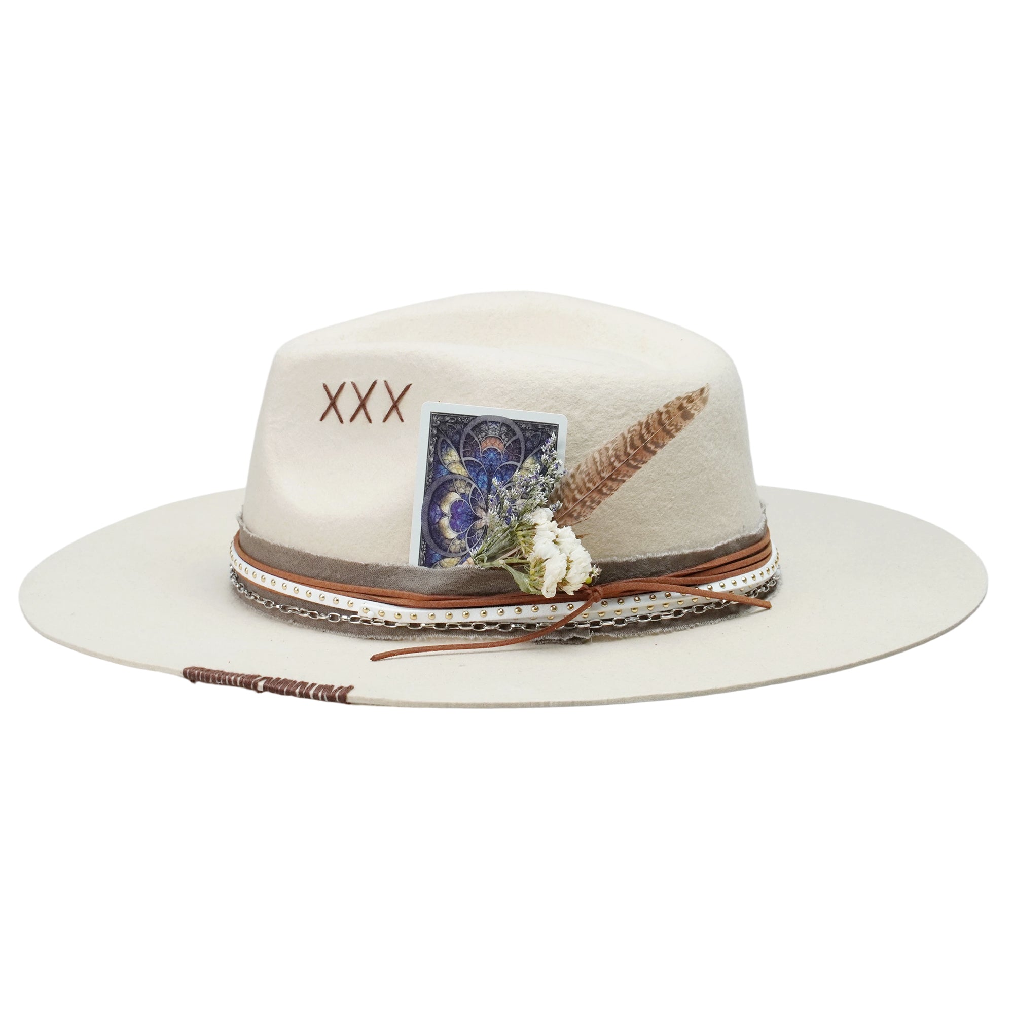 Cream Straight Brim Fedora with Mixed Textures & Card