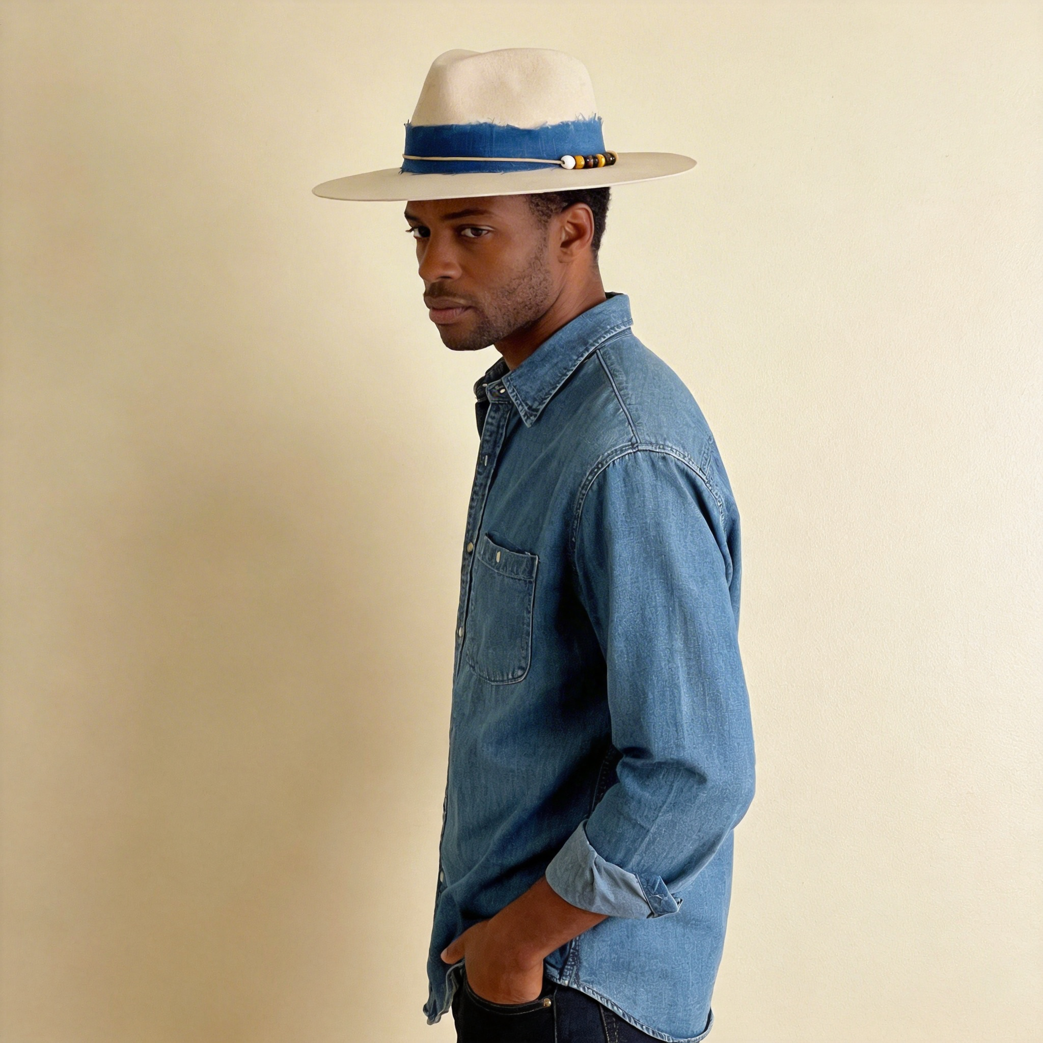 Premium Ivory Hat – Blue Fabric Band