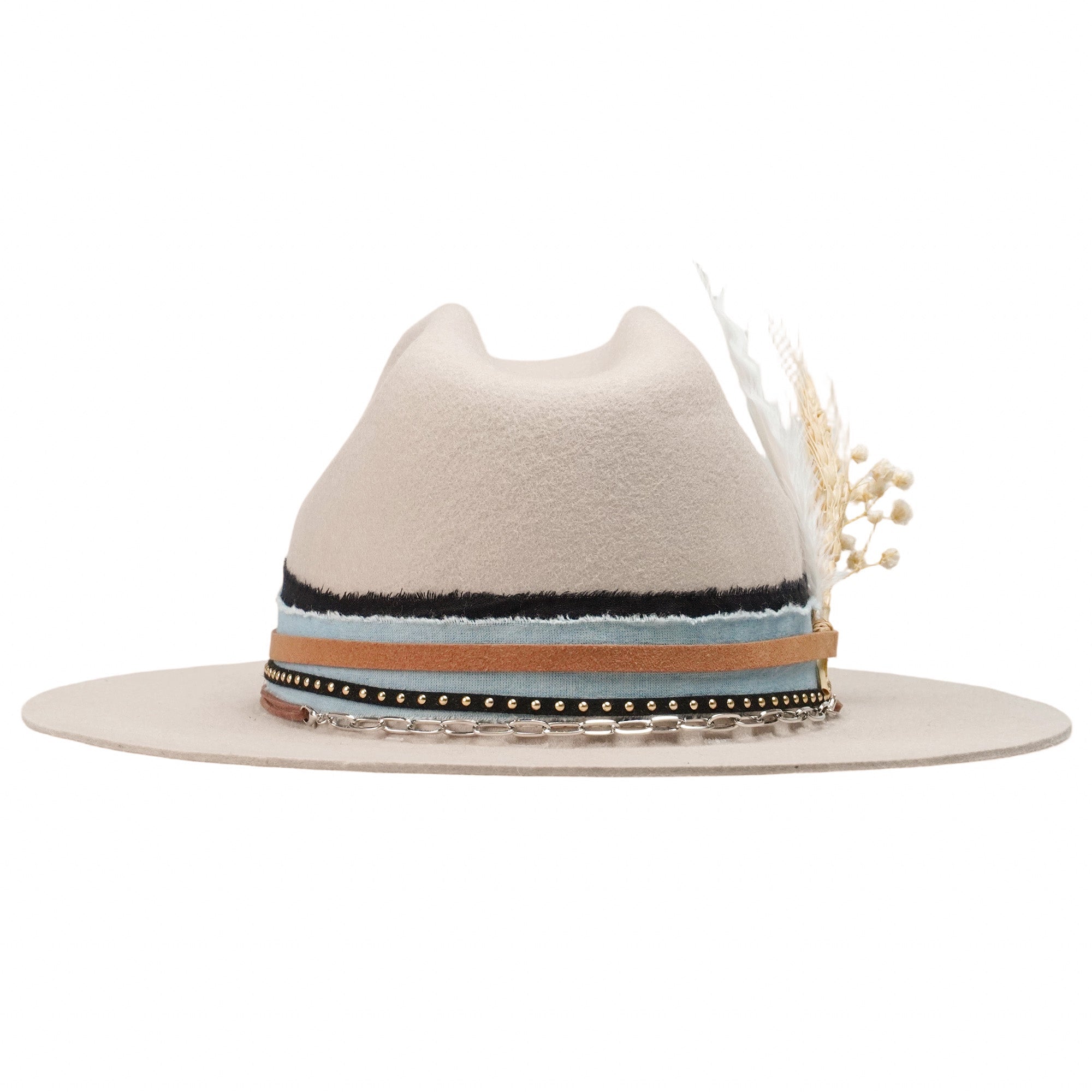 Oatmeal Felt Hat - Silver Chain & Floral Accent Detail