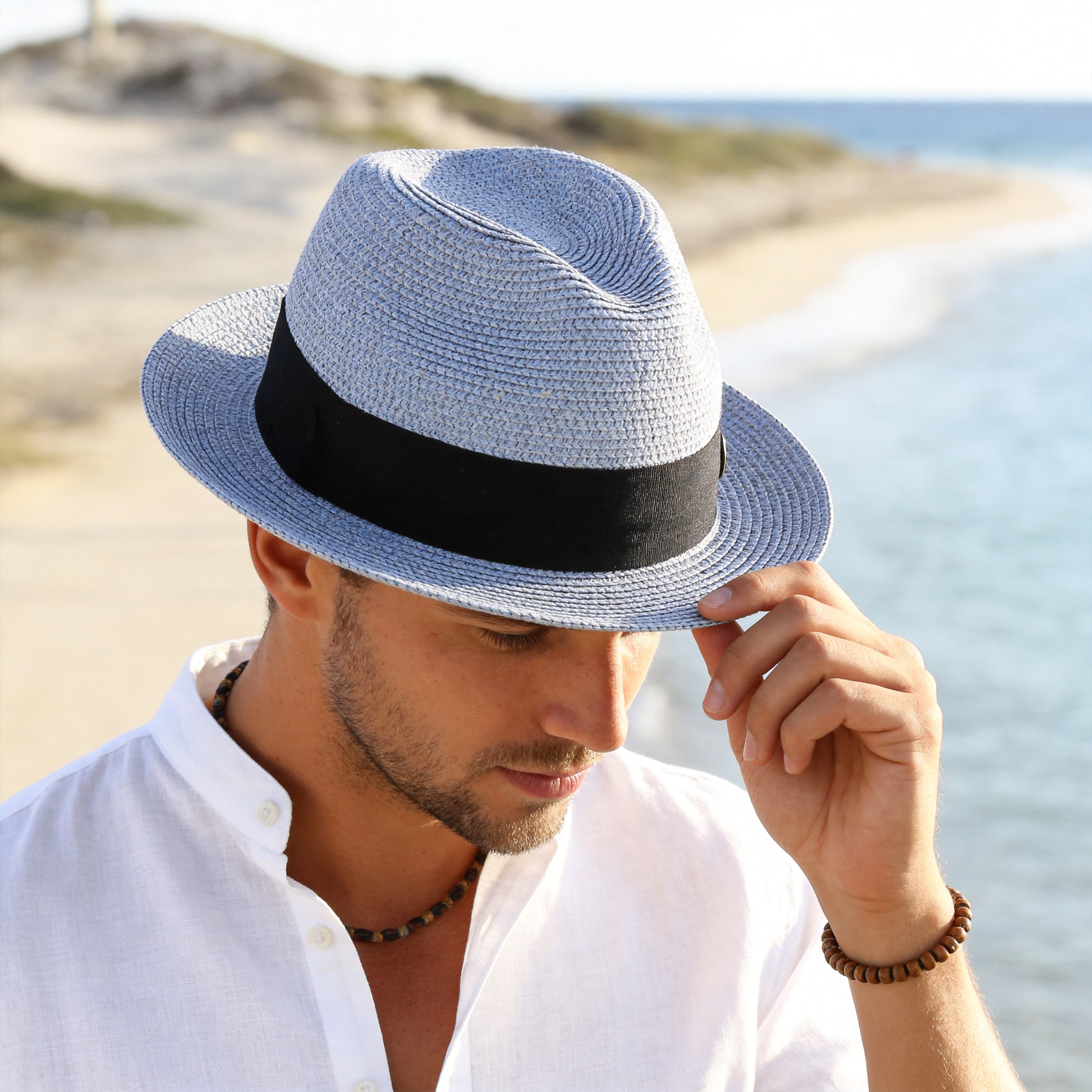 Classic Fedora Straw Hat – Solid Blue Design