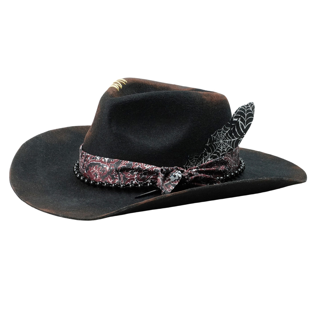 Hand-Burned Refined Felt Hat – Dark Tone, Delicate Beadwork