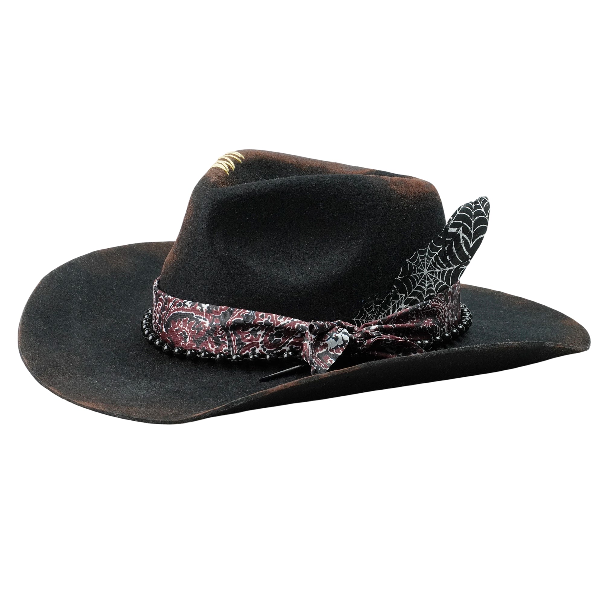 Hand-Burned Refined Felt Hat – Dark Tone, Delicate Beadwork