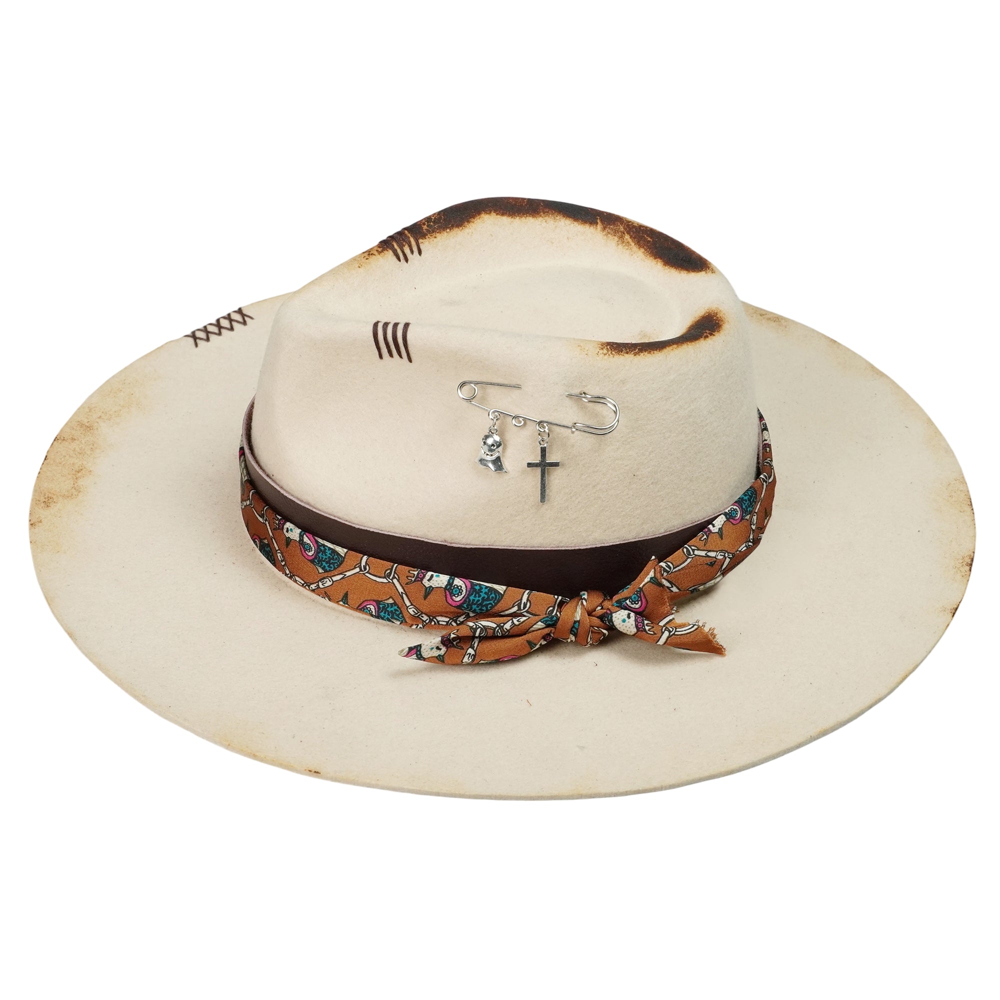 Hand-Burned Edgy Felt Hat – Neutral Tone, Textural Contrast Band