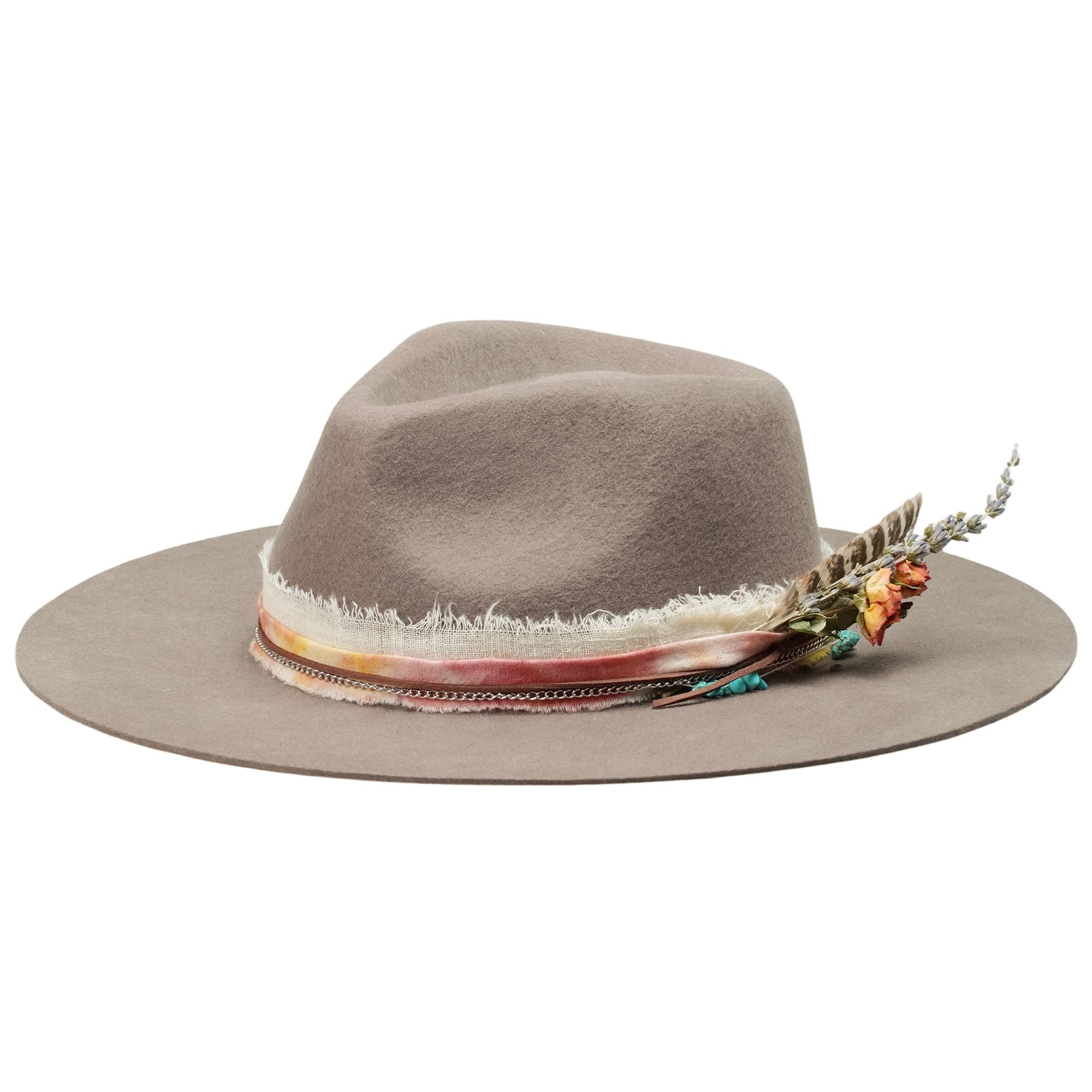 Camel Felt Hat - Silver Chain & Natural Feather Detail