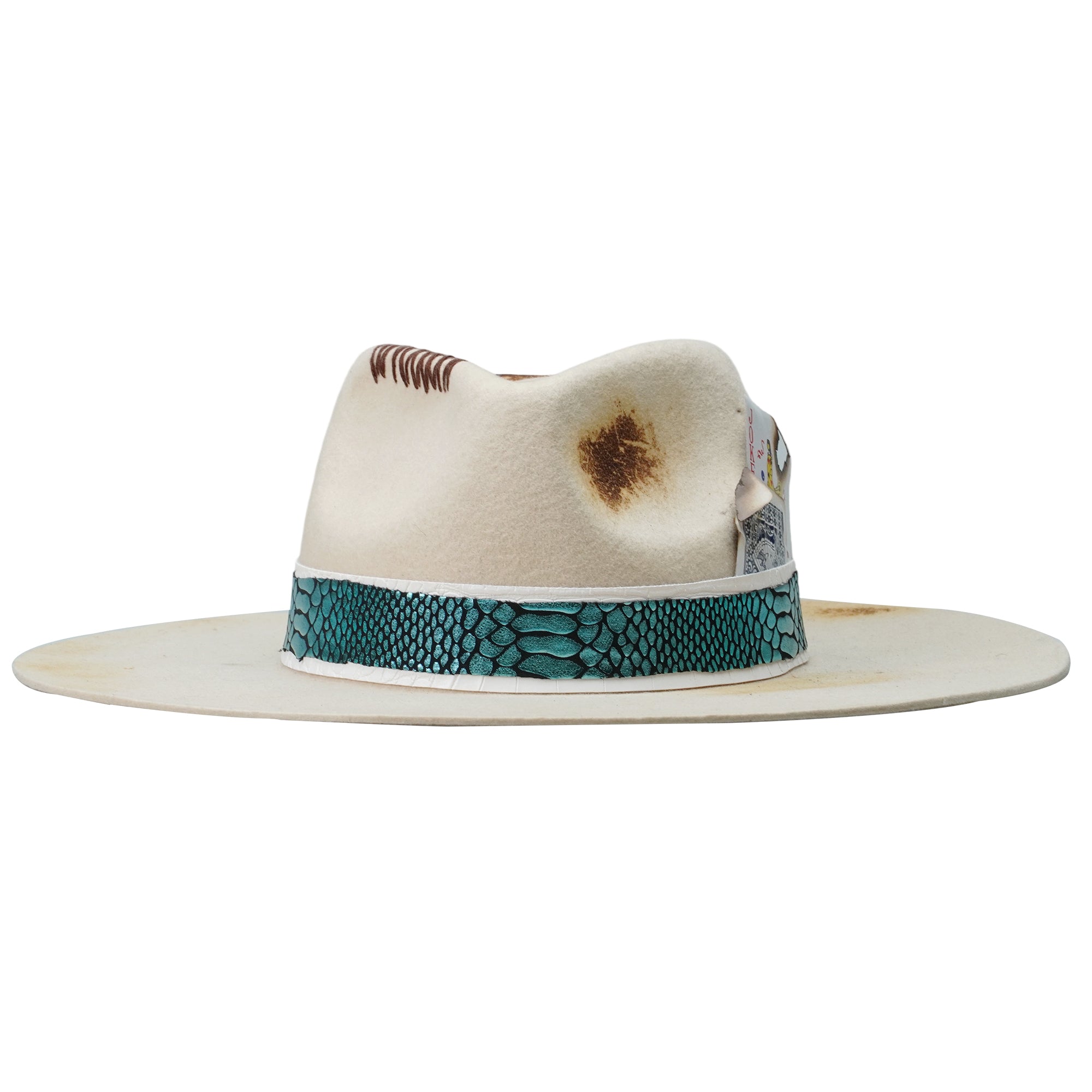 Teardrop Felt Hat with Ornate Band & Charred Card