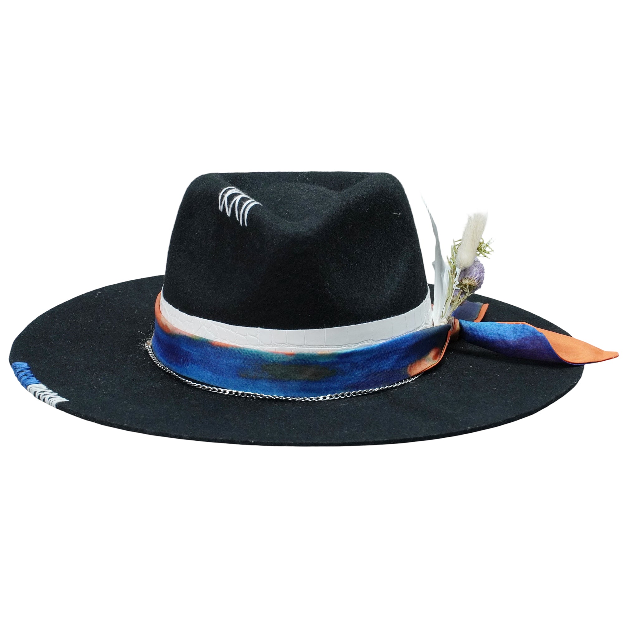 Black Felt Hat - Stitched Detail with Art Fabric Strap