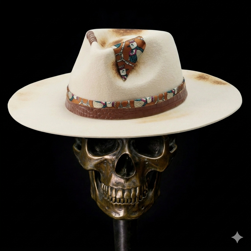 Hand-Burned Artistic Felt Hat – Light Base, Rebellious Detailing