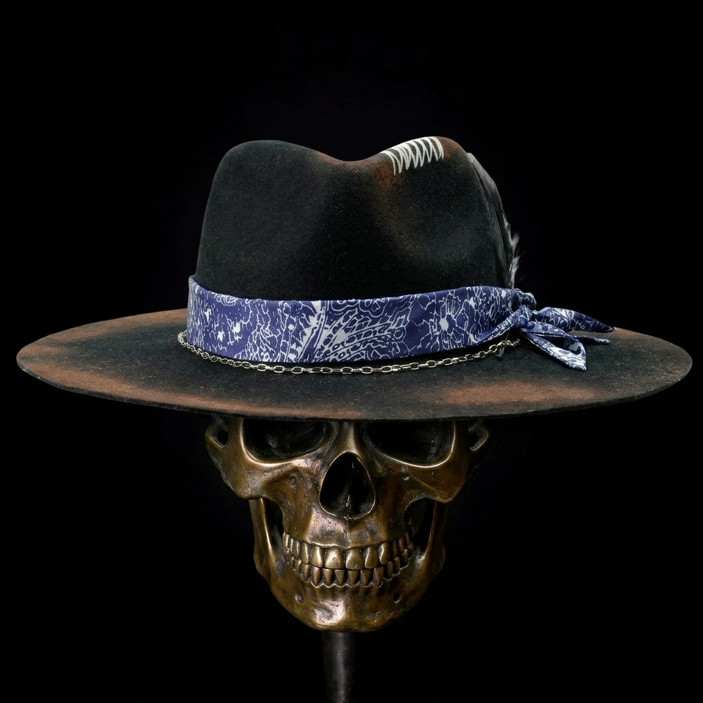 Hand-Burned Modern Felt Hat – Sleek Black, Mixed-Media Band