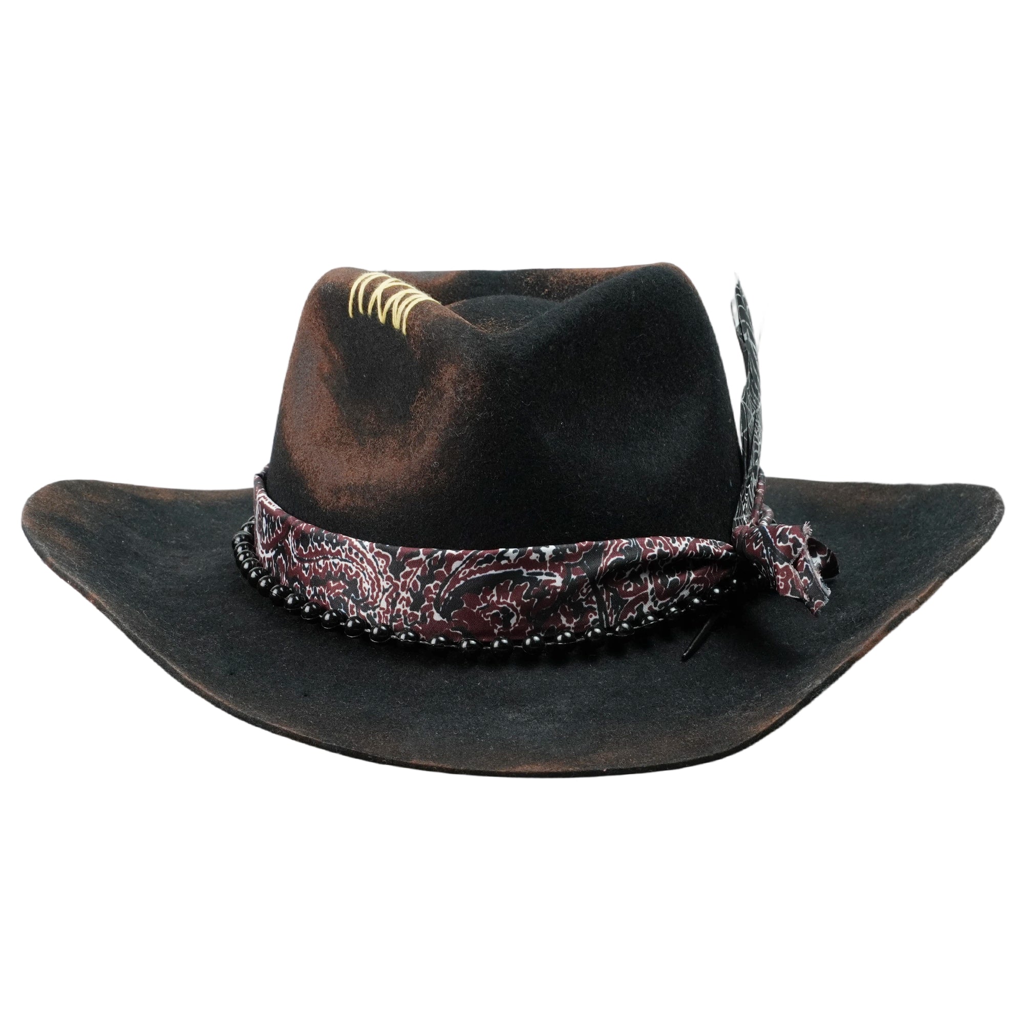 Hand-Burned Refined Felt Hat – Dark Tone, Delicate Beadwork