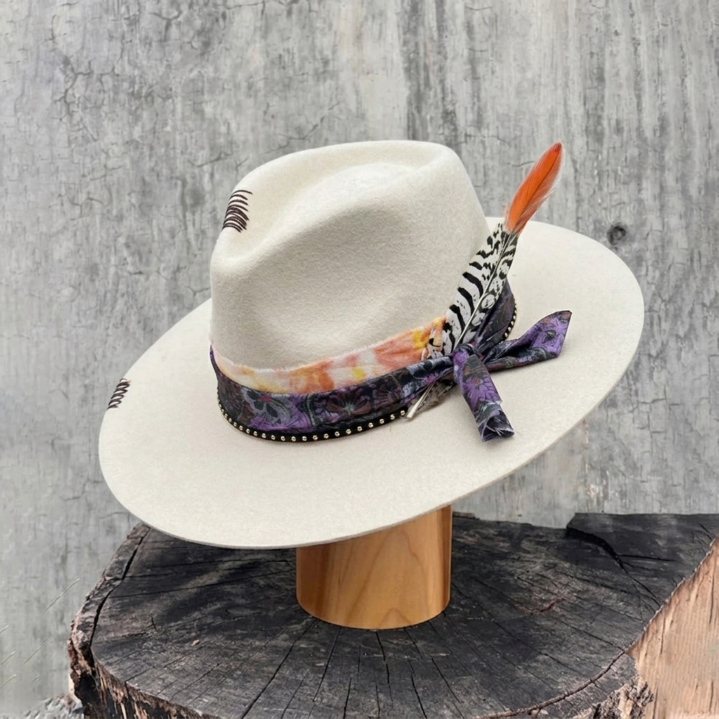 Teardrop Felt Hat with Ornate Band & Feathers