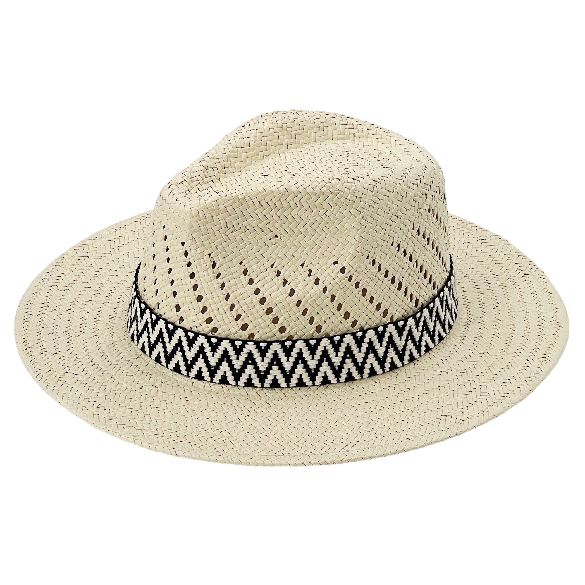 Straw Hat with B&W Patterned Fabric Band