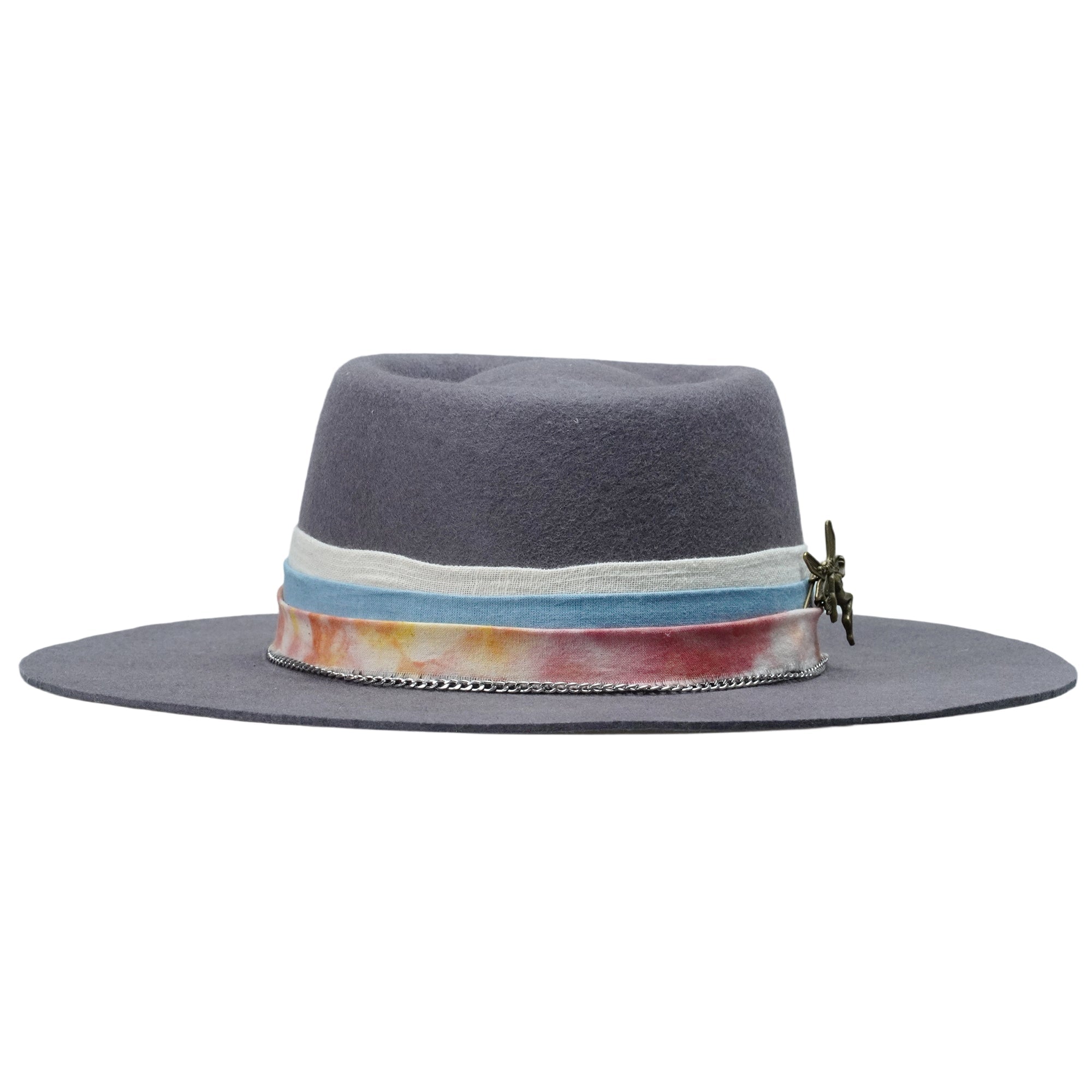 Gray Flat Brim Felt Hat with Vintage Bronze Pin