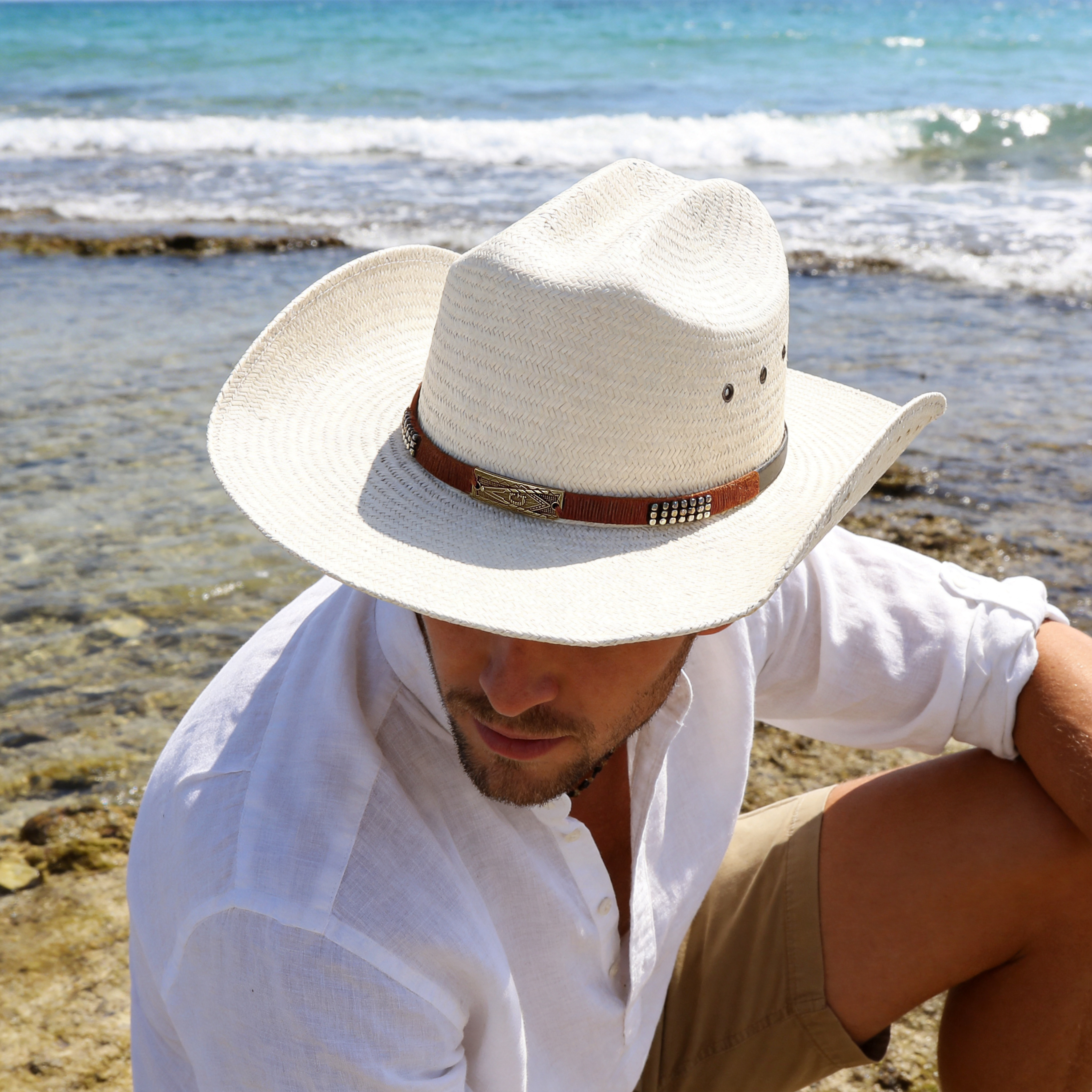 Straw Hat with Vintage Metal & Side Vents