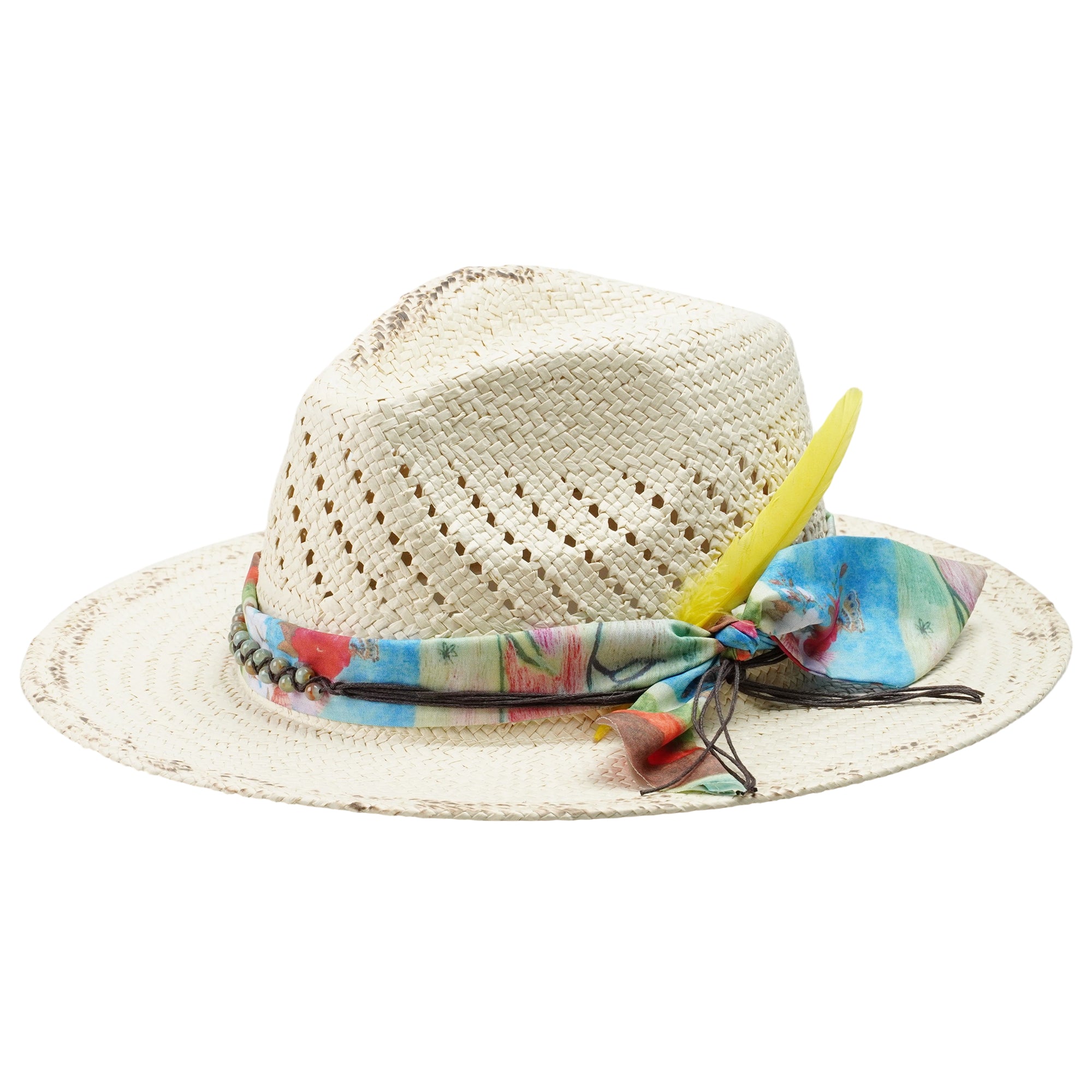 Artistic Straw Hat – Burnt Brim, Feather and Beaded Cord