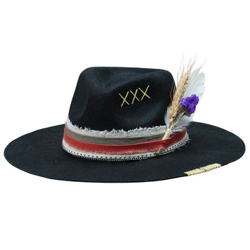Black Felt Hat with Stitched Crown & Silver Chain Detail