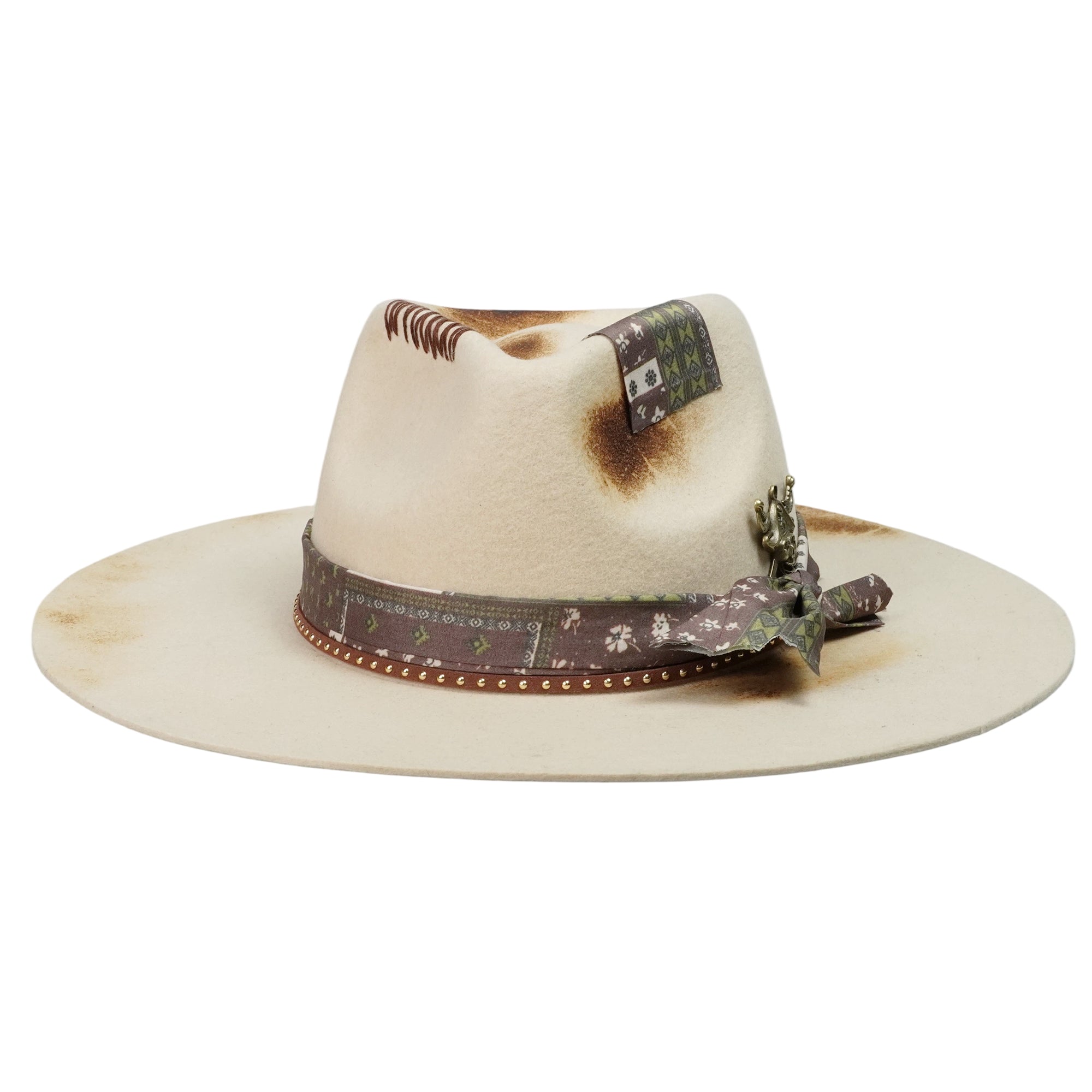 Hand-Burned Edgy Felt Hat – Neutral Tone, Mixed Media Band