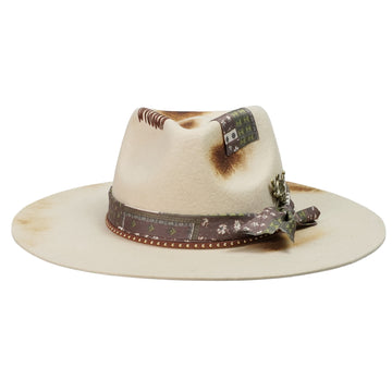 Hand-Burned Edgy Felt Hat – Neutral Tone, Mixed Media Band