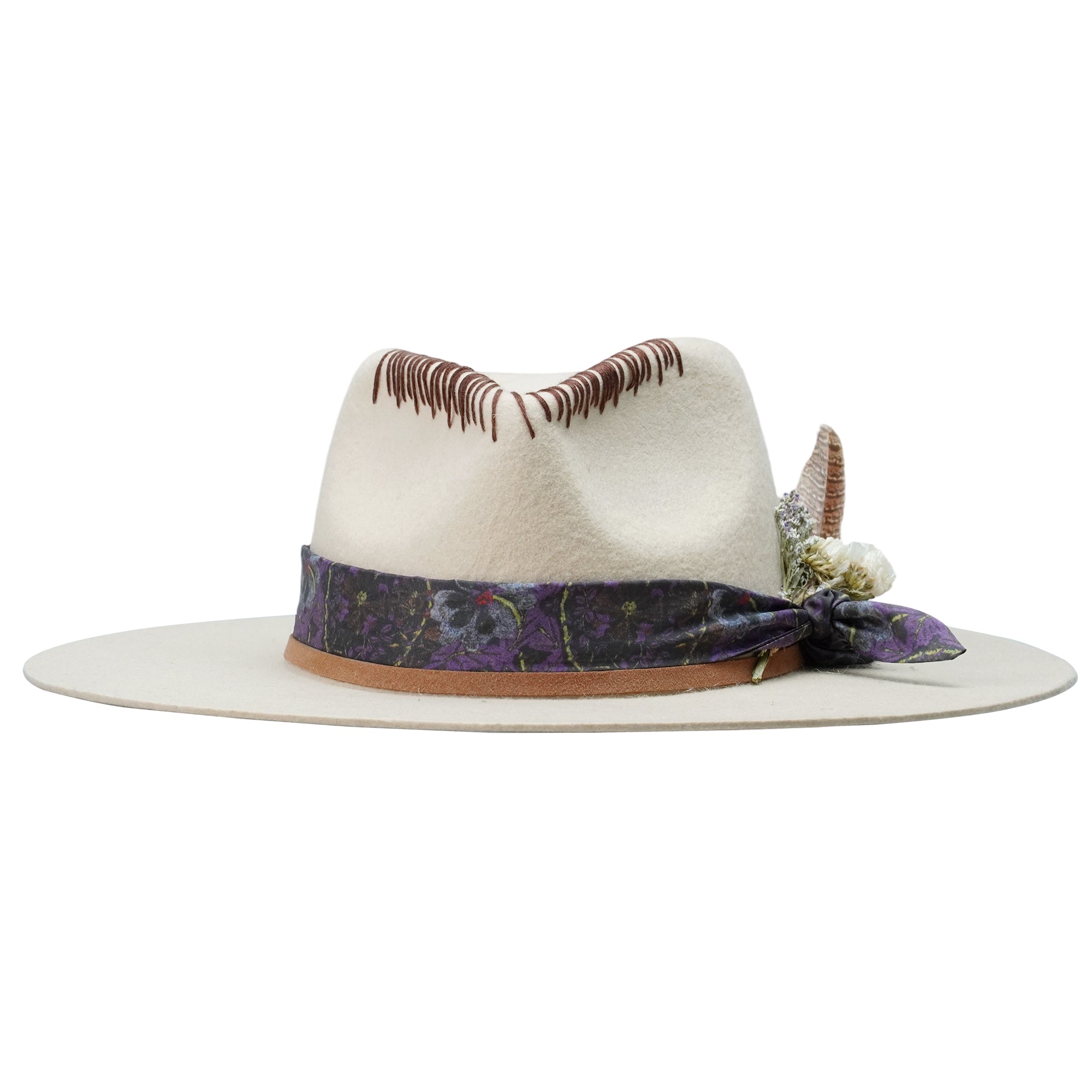 Teardrop Fedora - Off-White with Feather & Brown Cord Detail