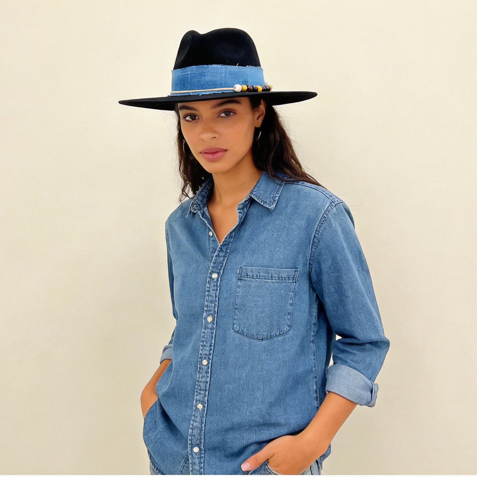 Premium Felt Hat – Blue Fabric & Beads