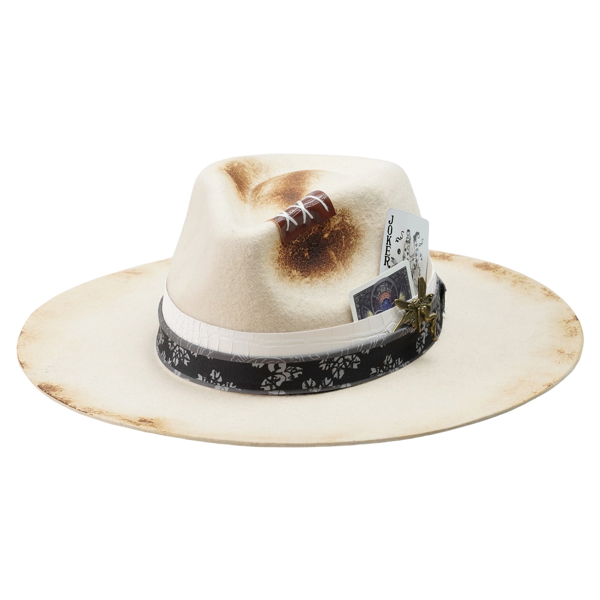 Felt Hat – Off-White with Teardrop Crown and Burnt Edges