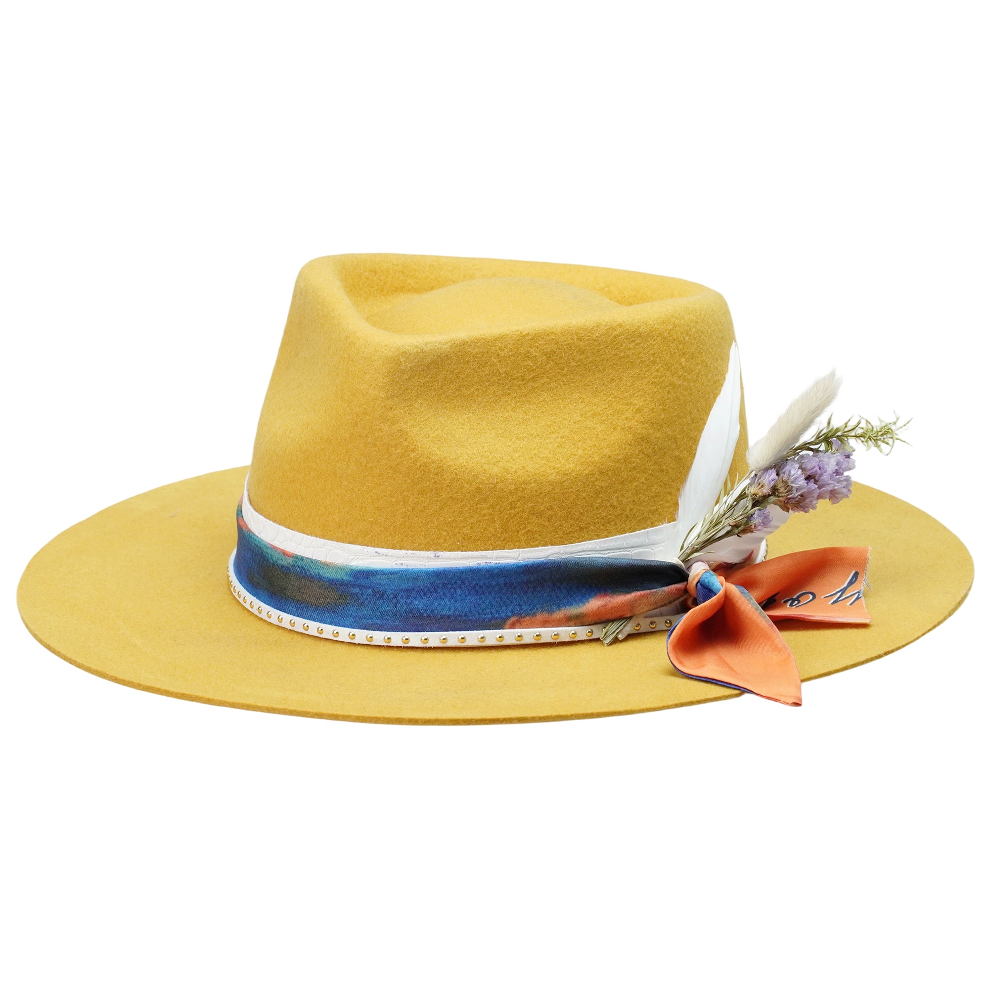 Yellow Felt Hat - Custom Art Fabric with Floral Detail