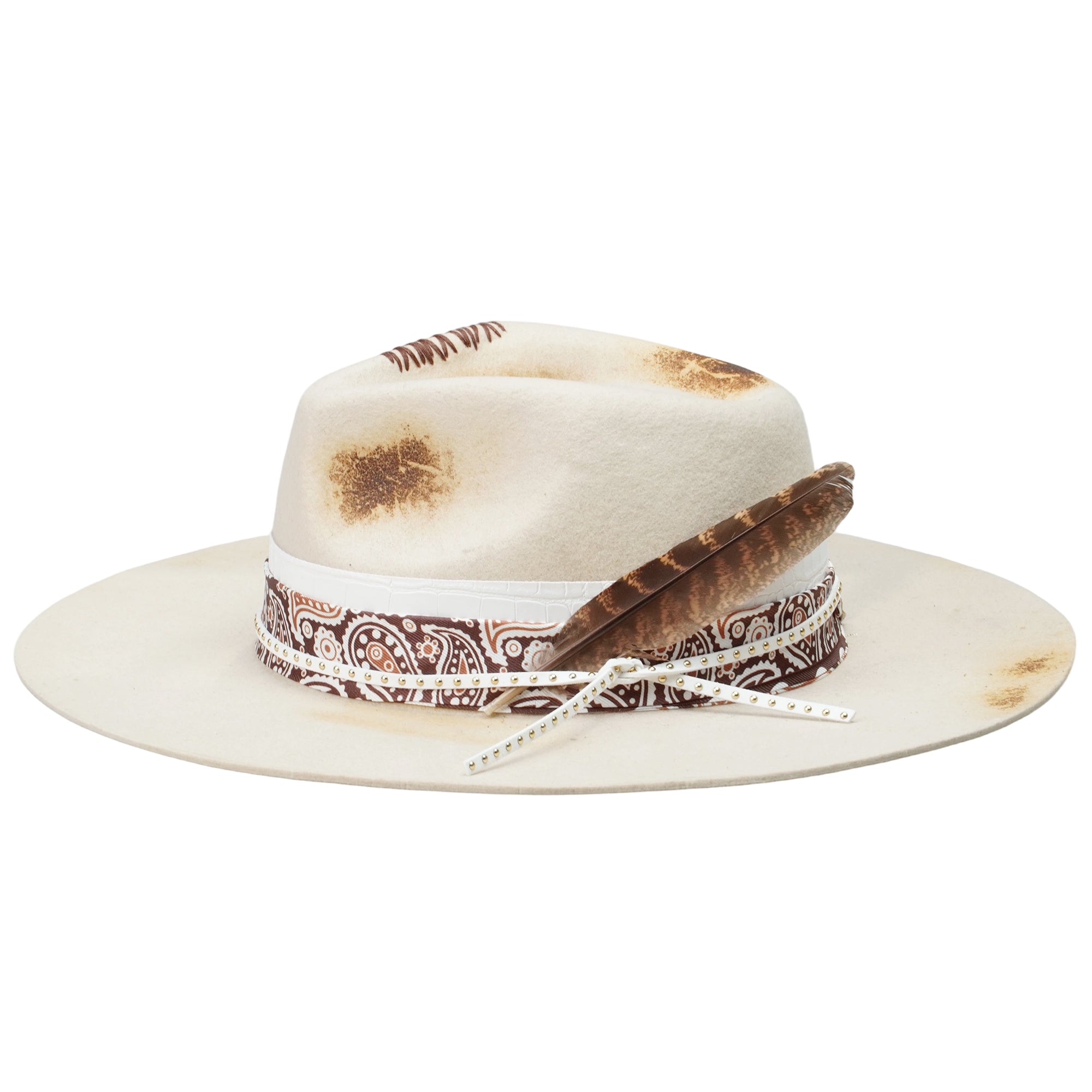 Felt Hat with Charred Detail and Delicate Feathers