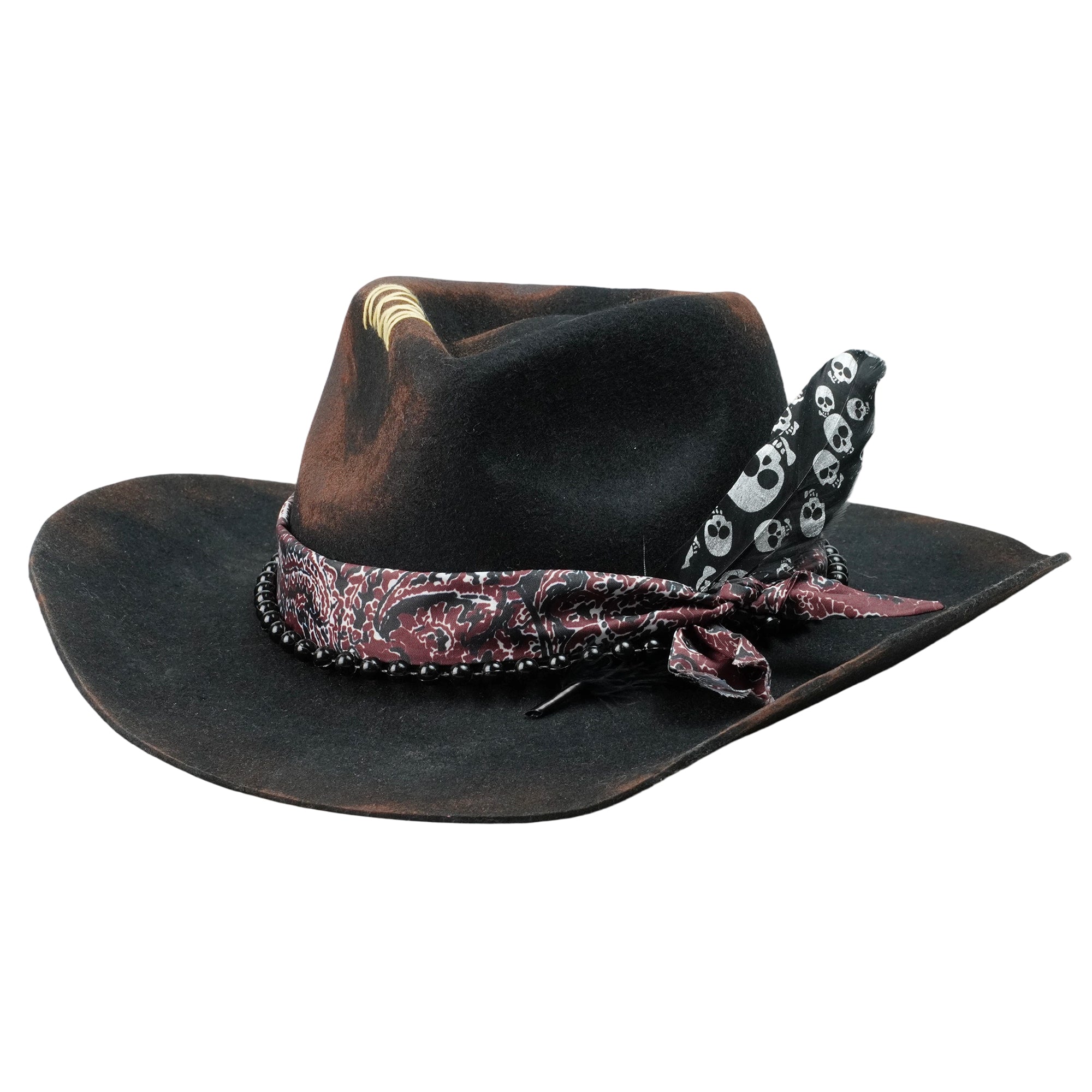 Hand-Burned Modern Felt Hat – Dark Base, Textured Accents