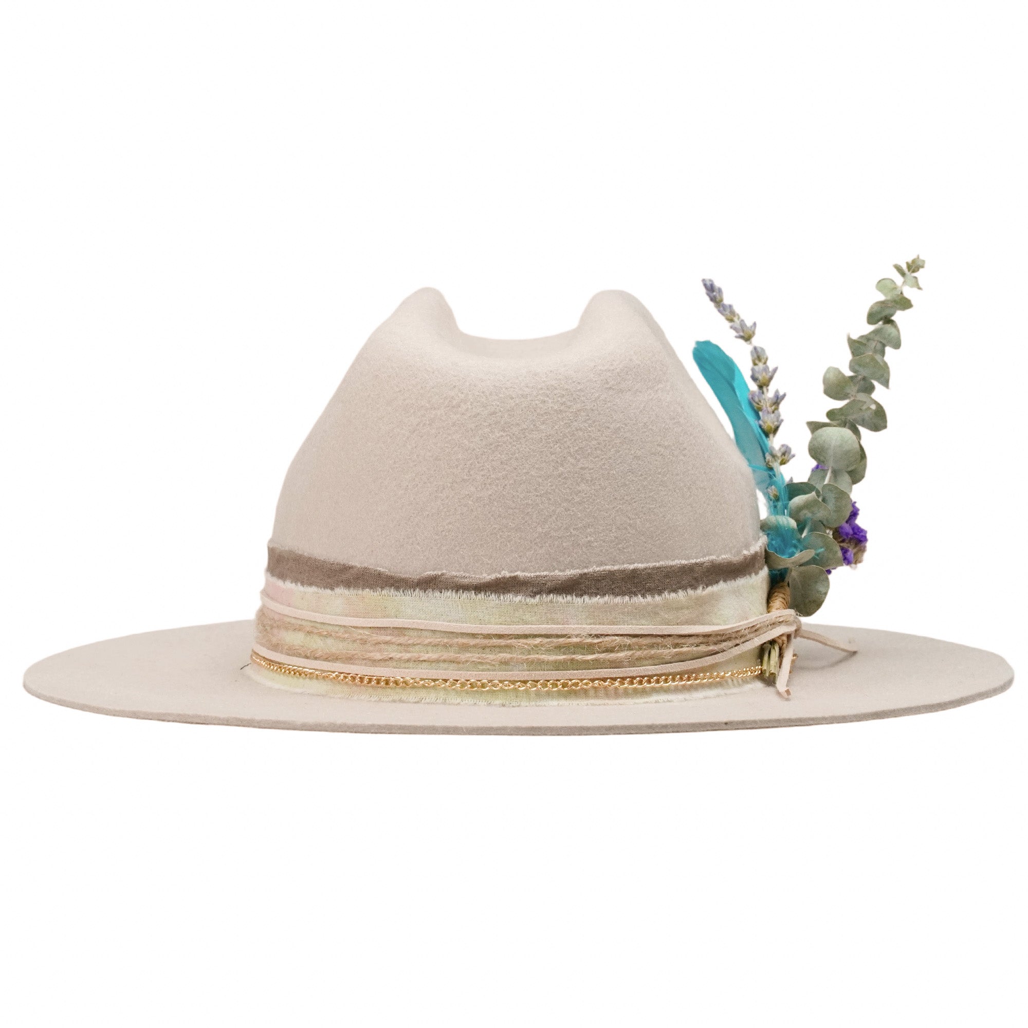 Oatmeal Felt Hat with Gold Chain & Feather Bouquet