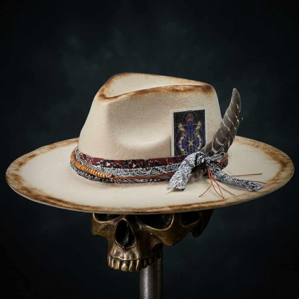 Hand-Burned Statement Felt Hat – Distressed Finish, Custom Fabric Trim
