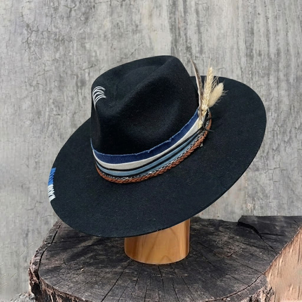 Black Felt Fedora with Braided Leather & Wheat