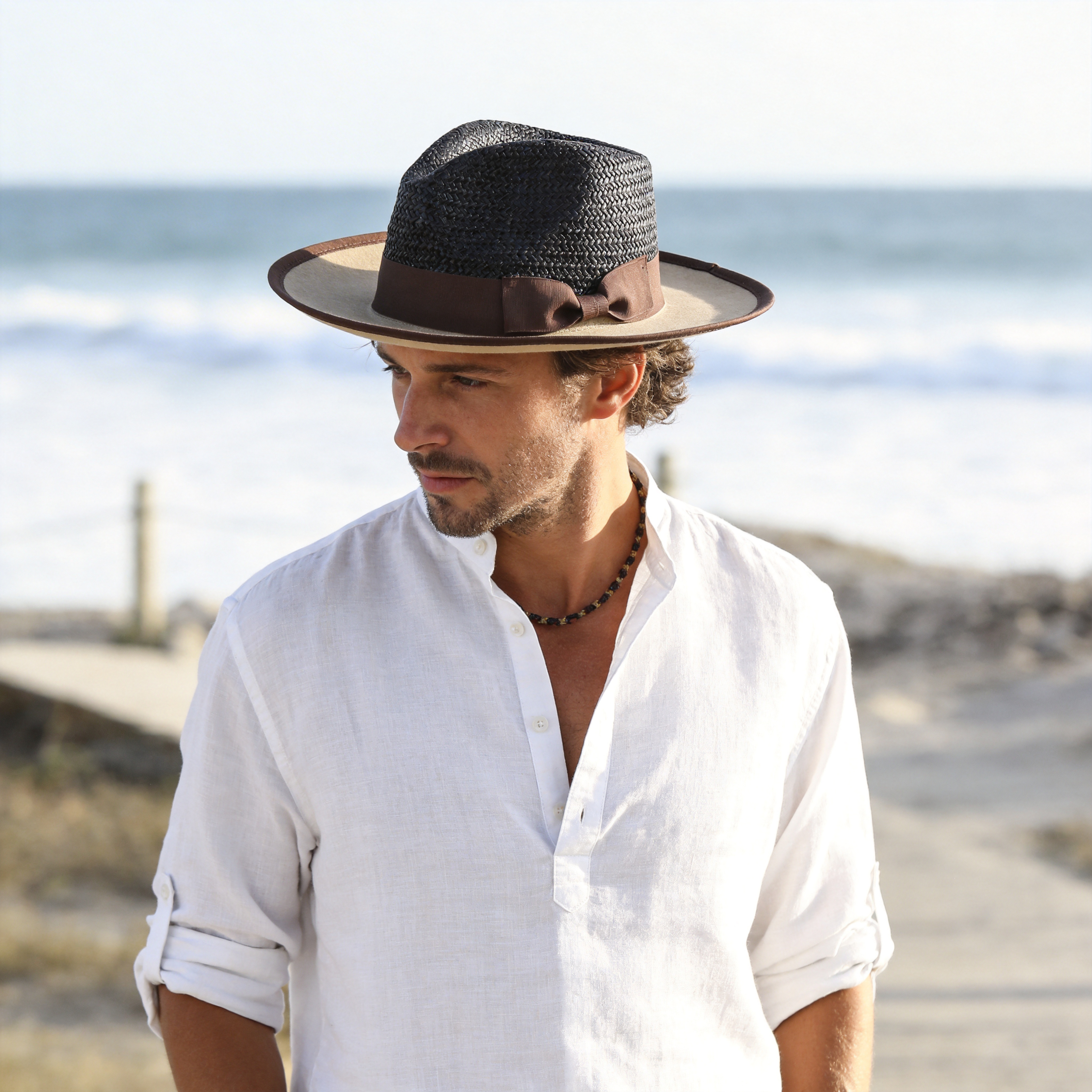 Straw Hat – Black Crown, Light Brown Brim