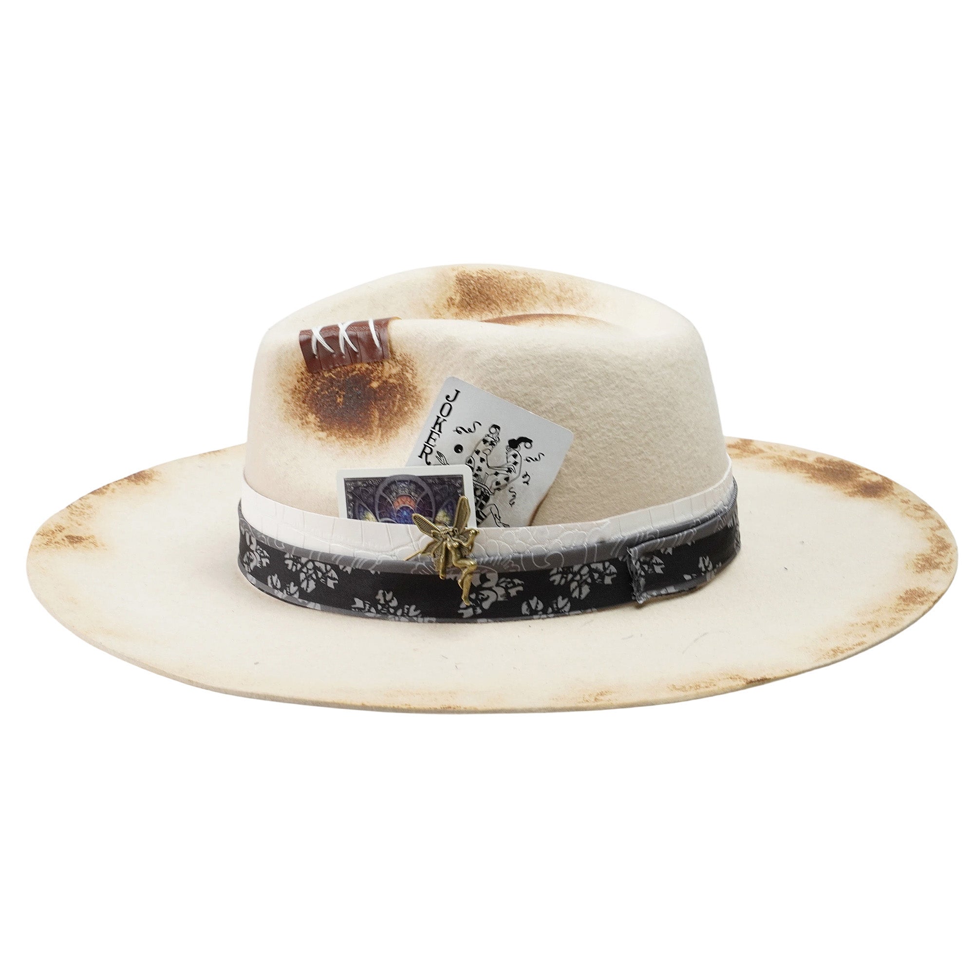 Felt Hat – Off-White with Teardrop Crown and Burnt Edges