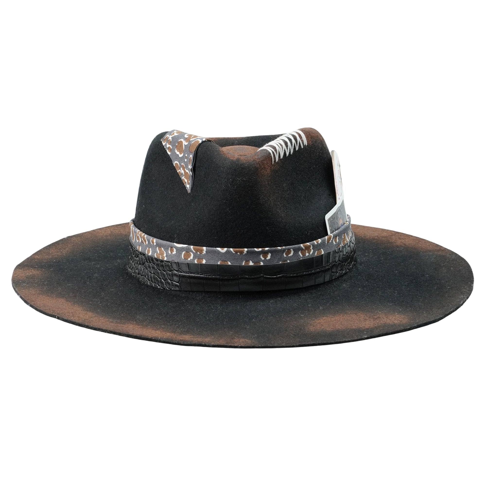 Hand-Burned Artistic Felt Hat – Sculpted Crown, Eclectic Hatband