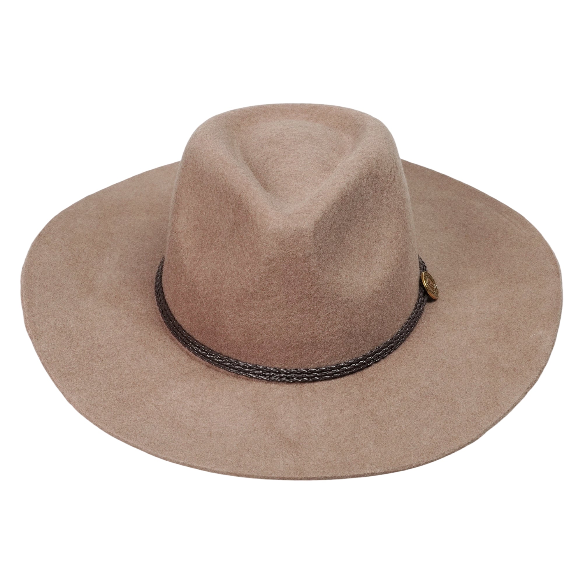 Elegant Flat-Brim Hat – Warm Camel Felt, Subtle Metal Accent