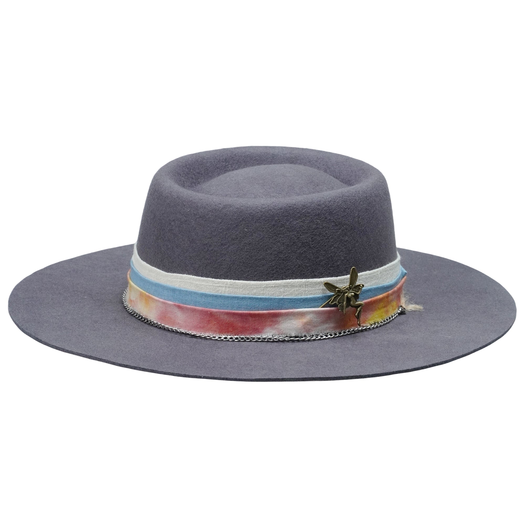 Gray Flat Brim Felt Hat with Vintage Bronze Pin