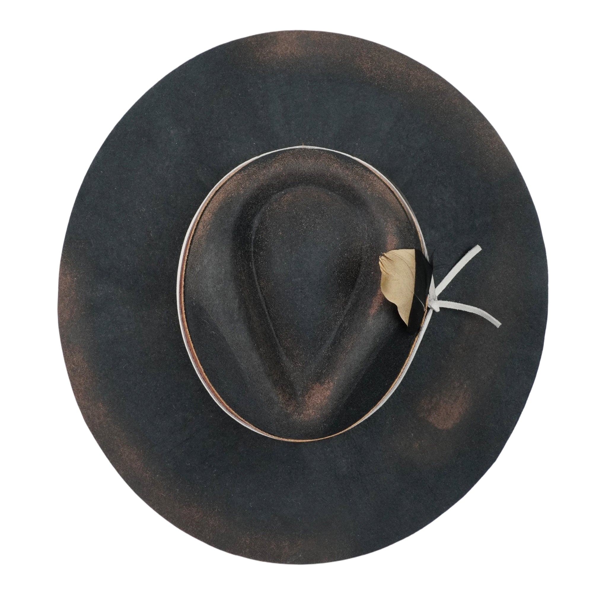 Hand-Burned Statement Felt Hat – Distressed Edge, Leather and Feather