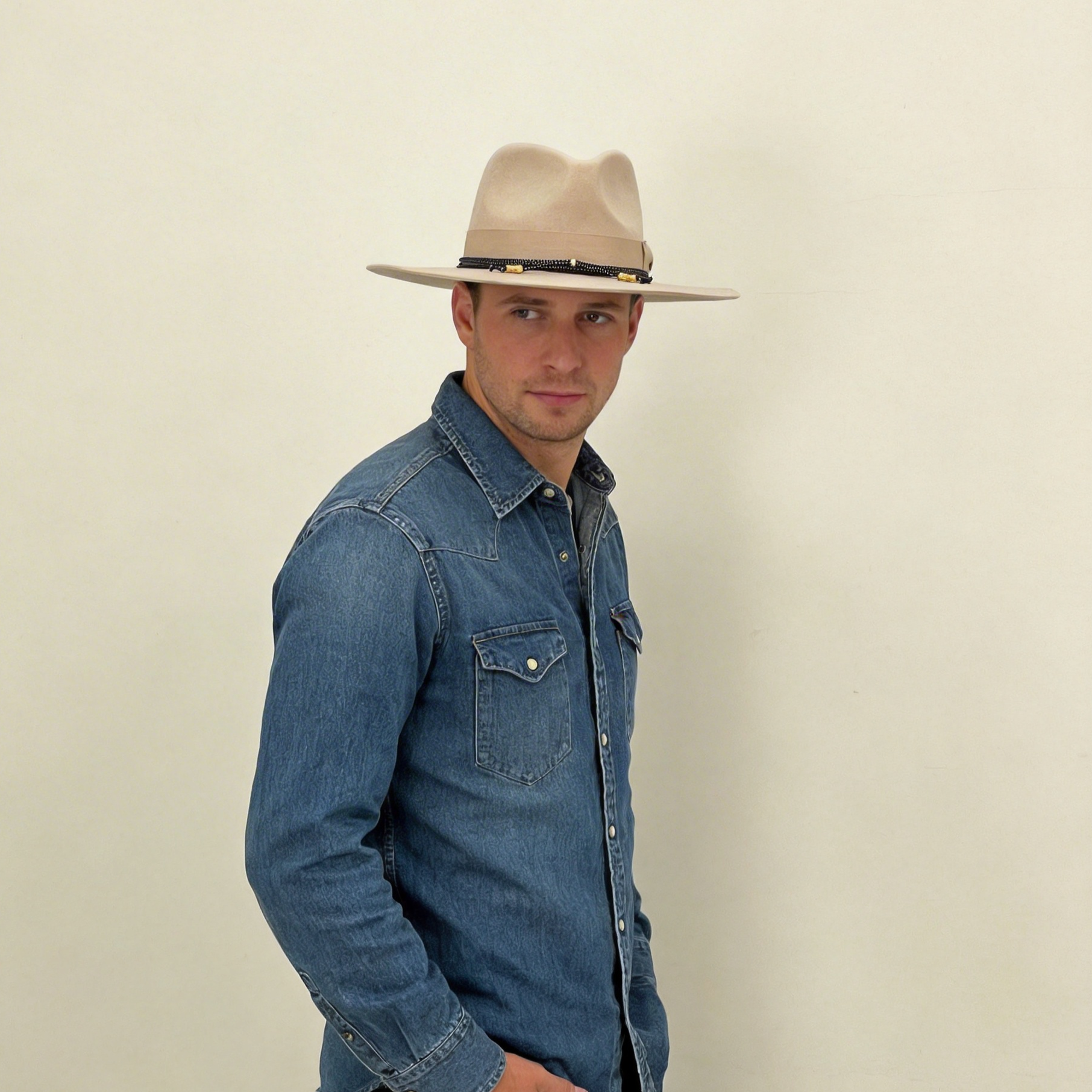 Beige Flat-Brim Hat – Custom Band & Metal Bead