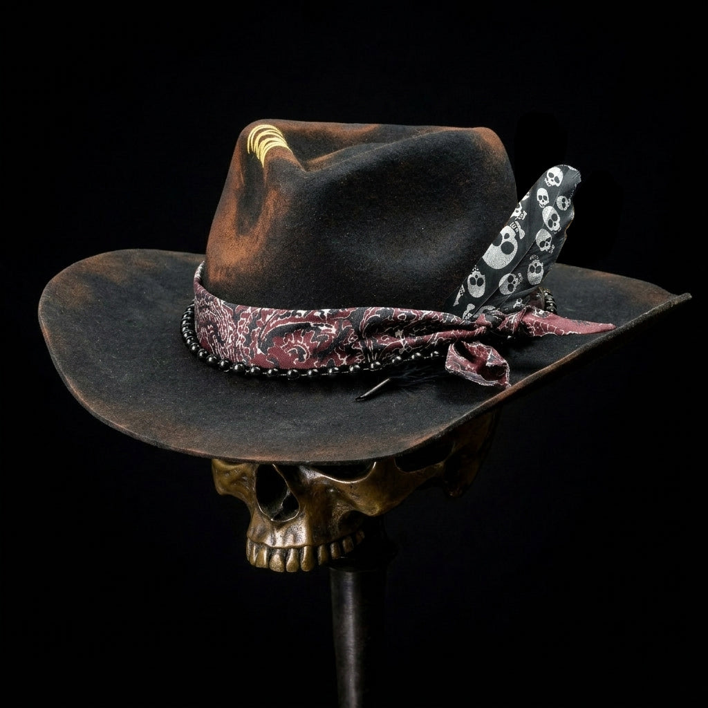Hand-Burned Modern Felt Hat – Dark Base, Textured Accents