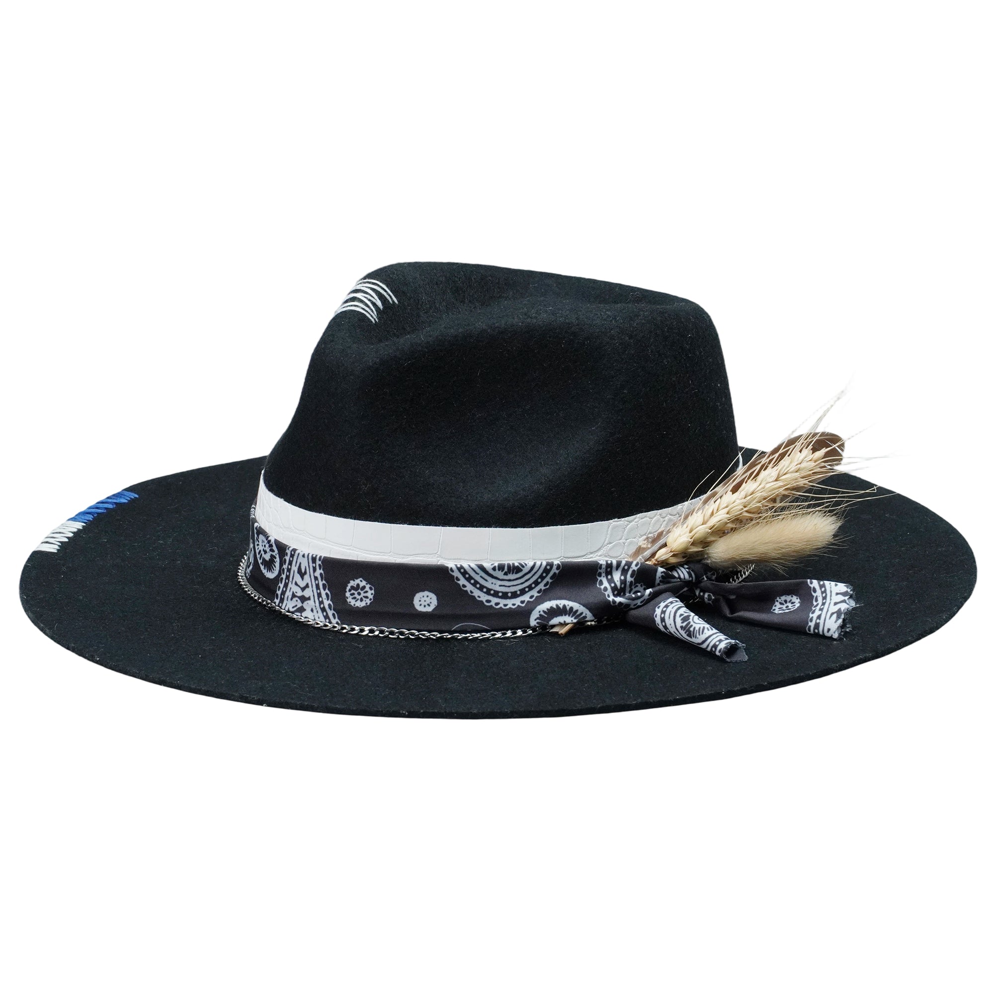 Black Straight Brim Felt Hat with Croc Band