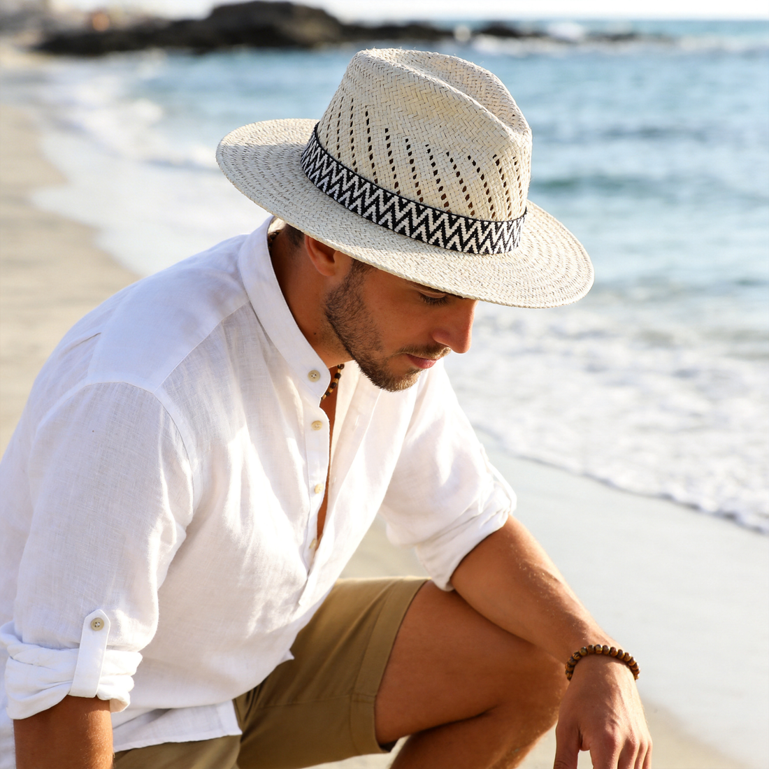 Straw Hat with B&W Patterned Fabric Band