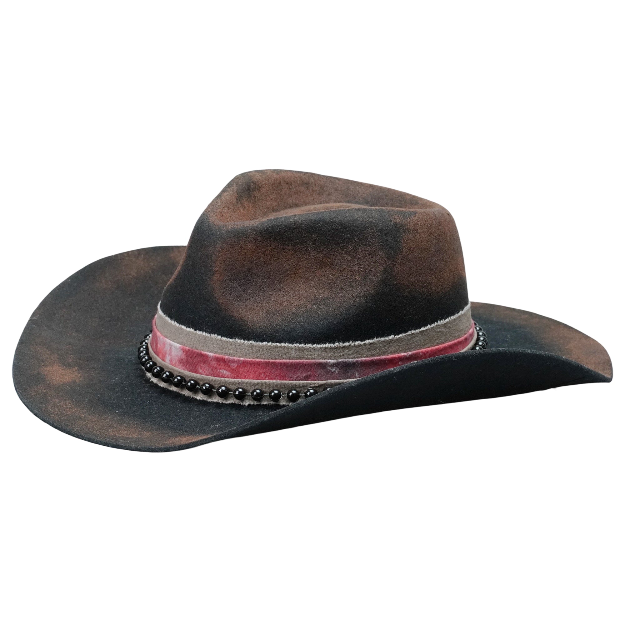Distressed Black Rolled Brim Hat with Beaded Band