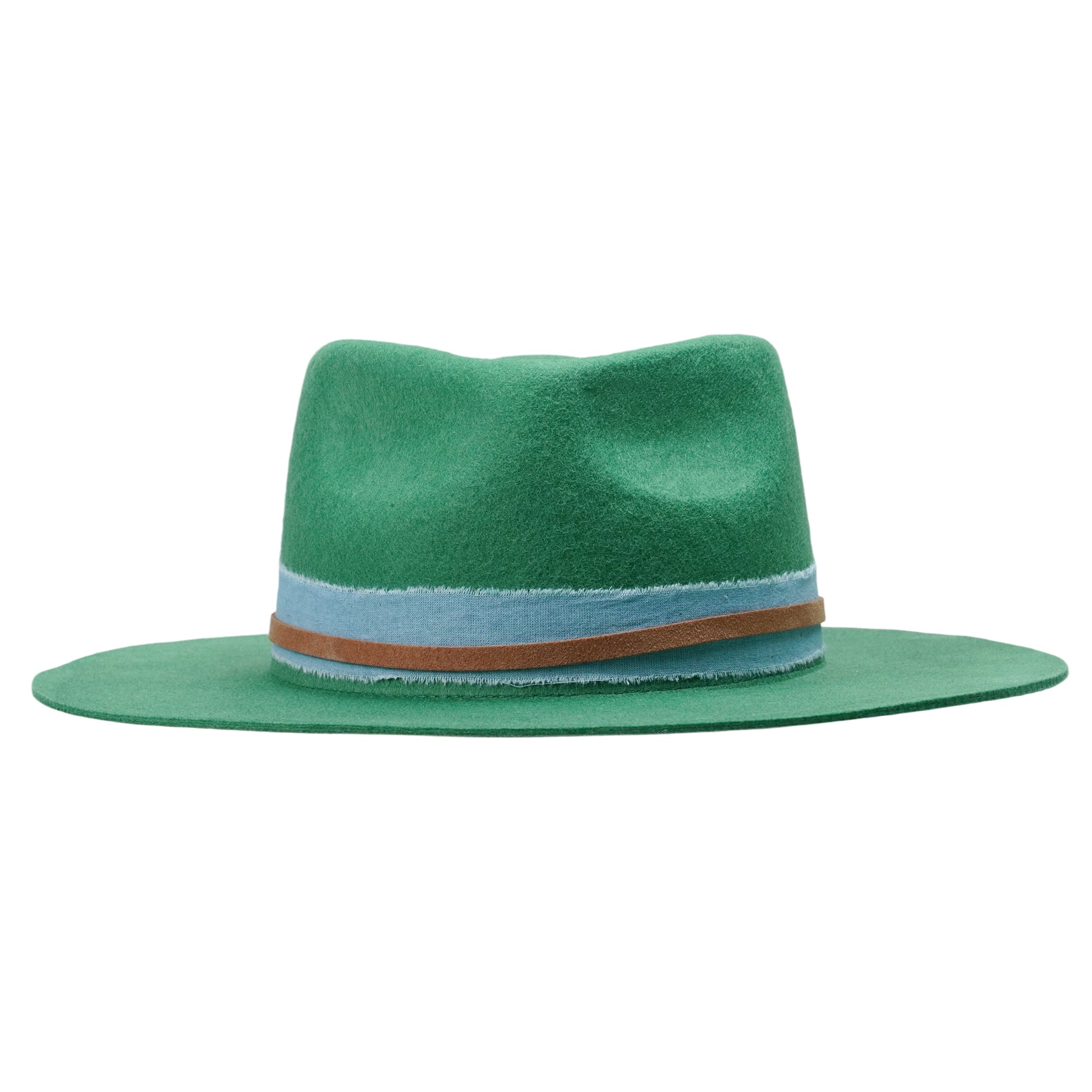 Green Straight Brim Felt Hat with Denim Band
