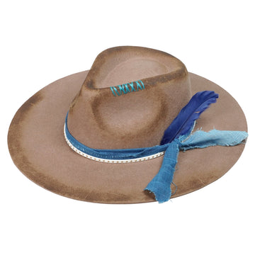 Hand-Burned Camel Felt Hat – Fabric Band, Feather Accent