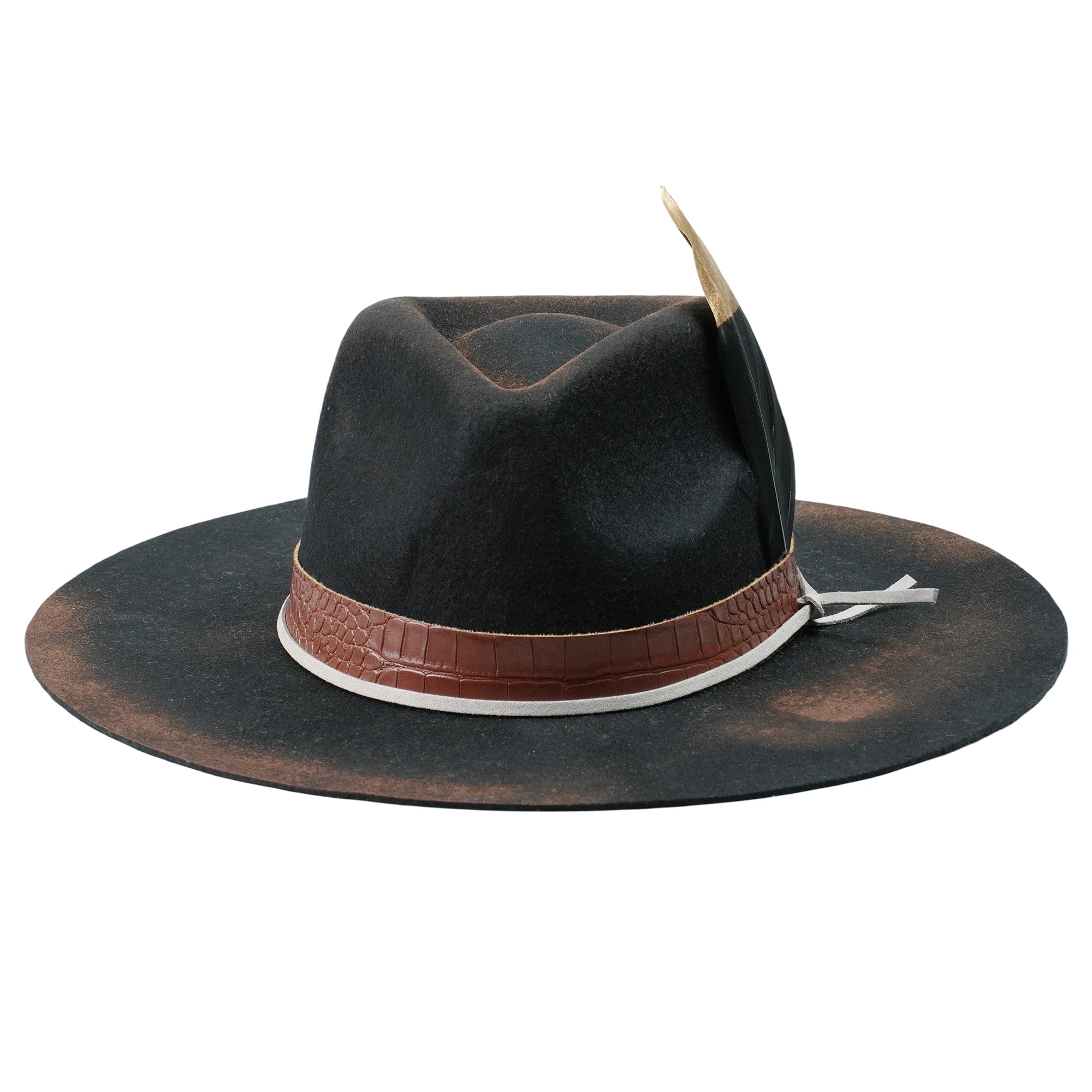 Hand-Burned Statement Felt Hat – Distressed Edge, Leather and Feather