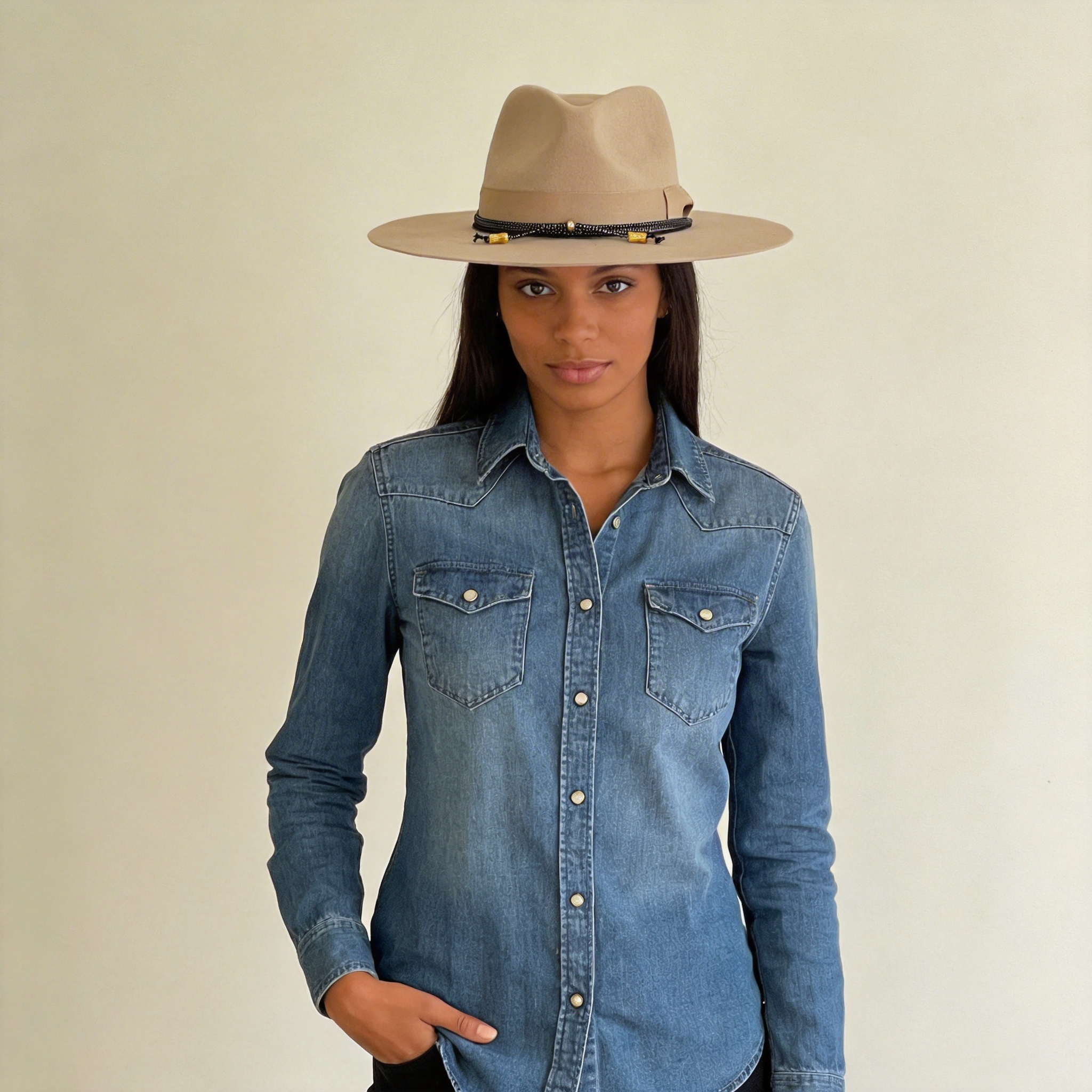 Beige Flat-Brim Hat – Custom Band & Metal Bead