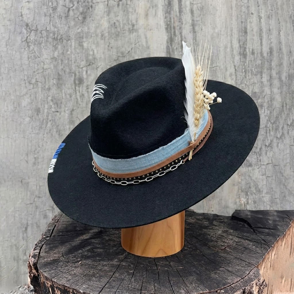 Classic Black Felt Fedora with Denim & Dried Flower Band
