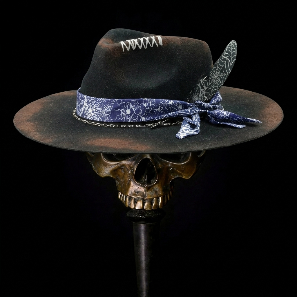 Hand-Burned Modern Felt Hat – Sleek Black, Mixed-Media Band