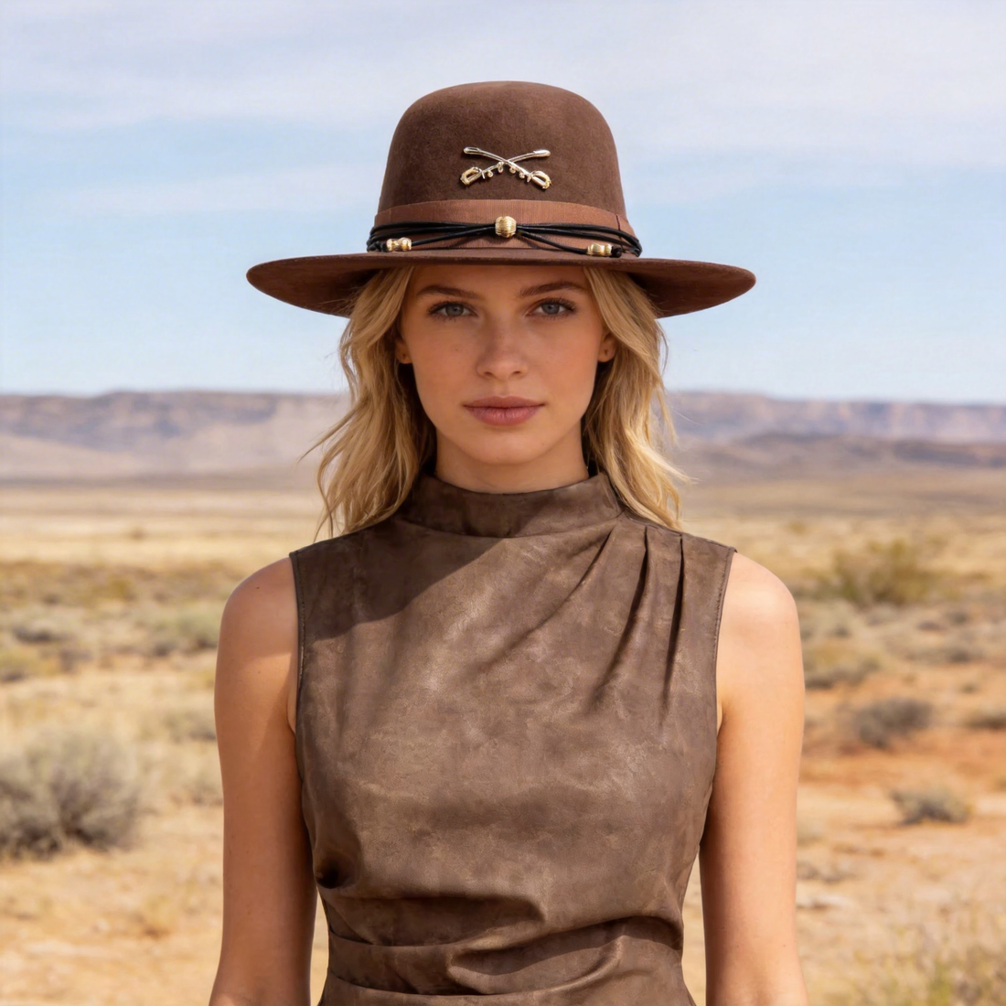 Modern Brown Hat – Minimalist Metal Trim