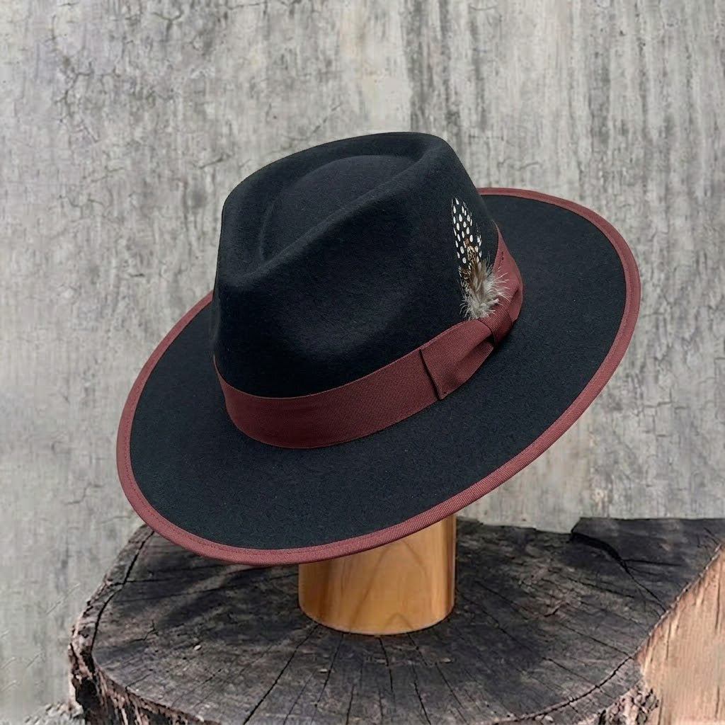 Black Felt Fedora with Burgundy Bow & Feather